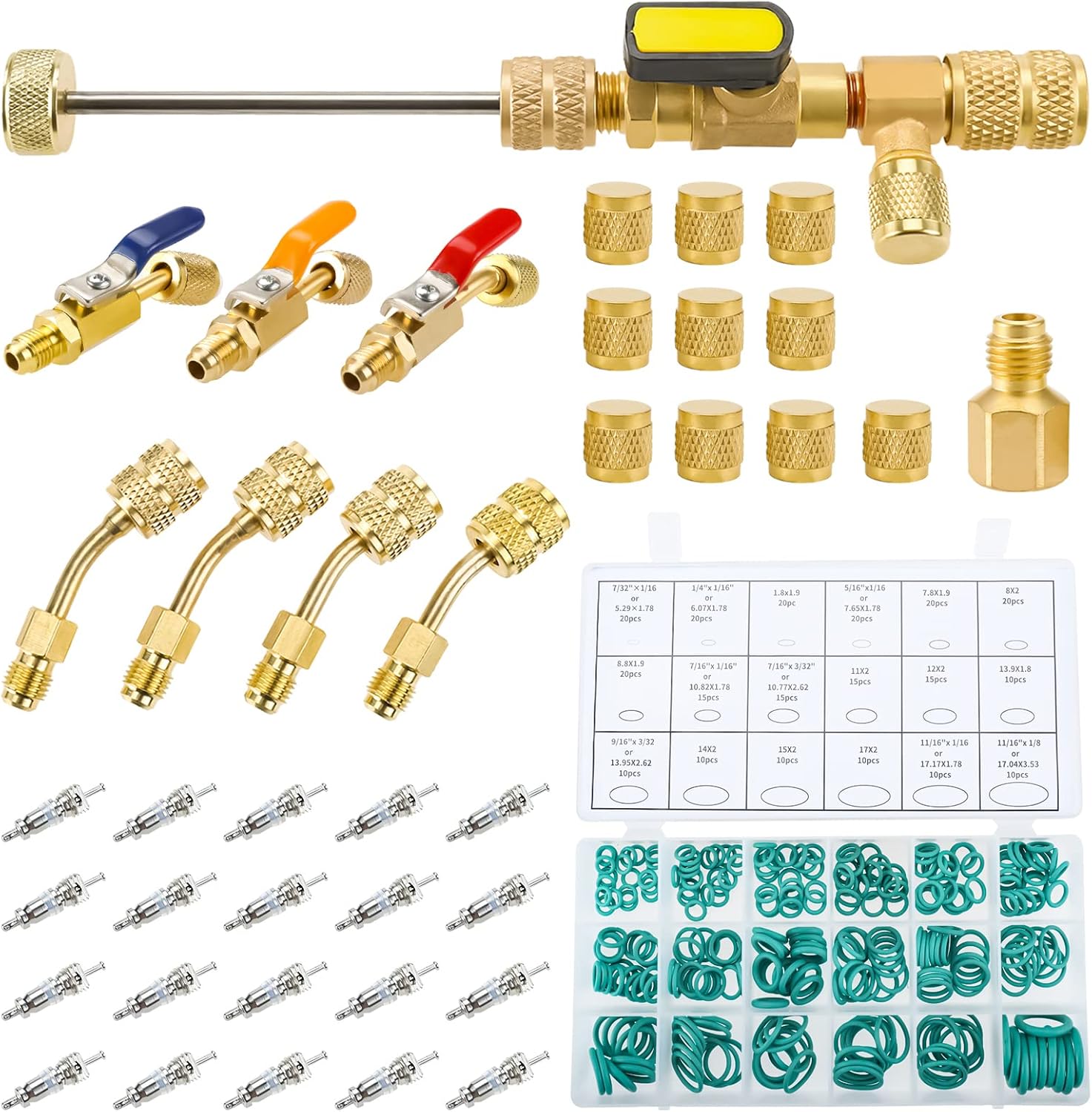 Valve Core Remover Tool Kit, Core Remover Installer with SAE 1/4 & 5/16 Port, 7pcs A/C Angled Ball Valve Adapter, 10pcs Brass Nut, 20pcs Valve Cores & 270 Sealing Ring : Automotive