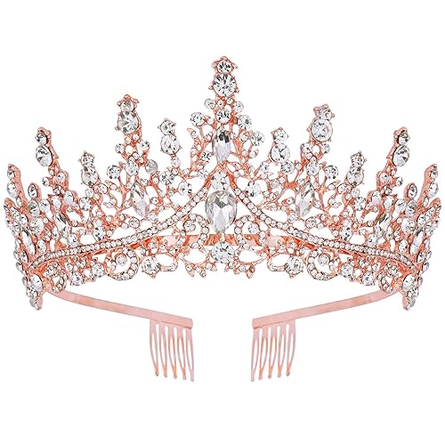 CURASA Tiaras y coronas de cristal de oro rosa con peine corona de princesa para mujer, corona de boda para novia, coronas de cumpleaños para