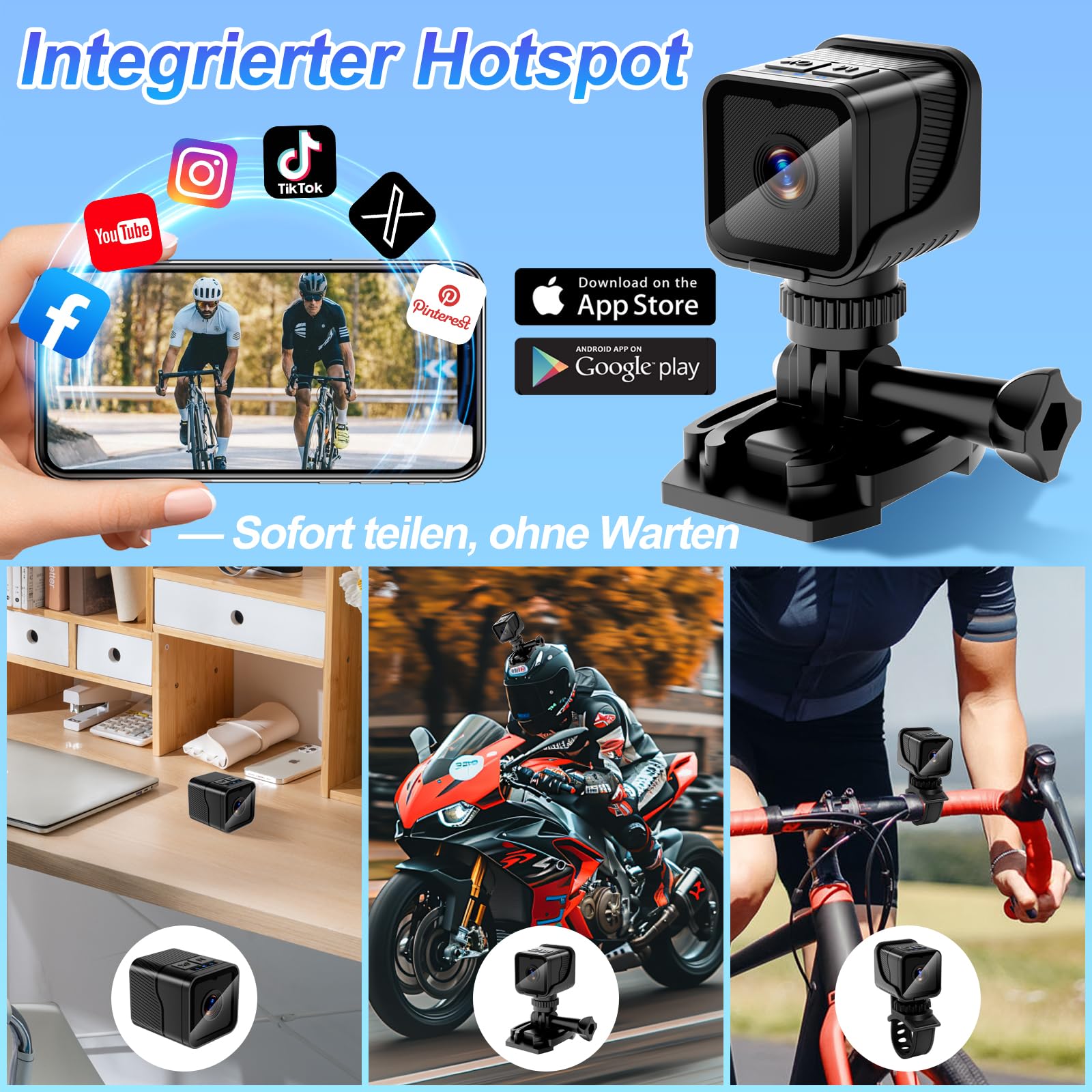 Mini Kamera Action, Hotspot WiFi Tragbare Action Cam Mini WiFi für Sport, 1080P HD & 120° Ultra-Weitwinkel Actionkameras Fahrrad mit Loop-Aufnahme & Halterungen