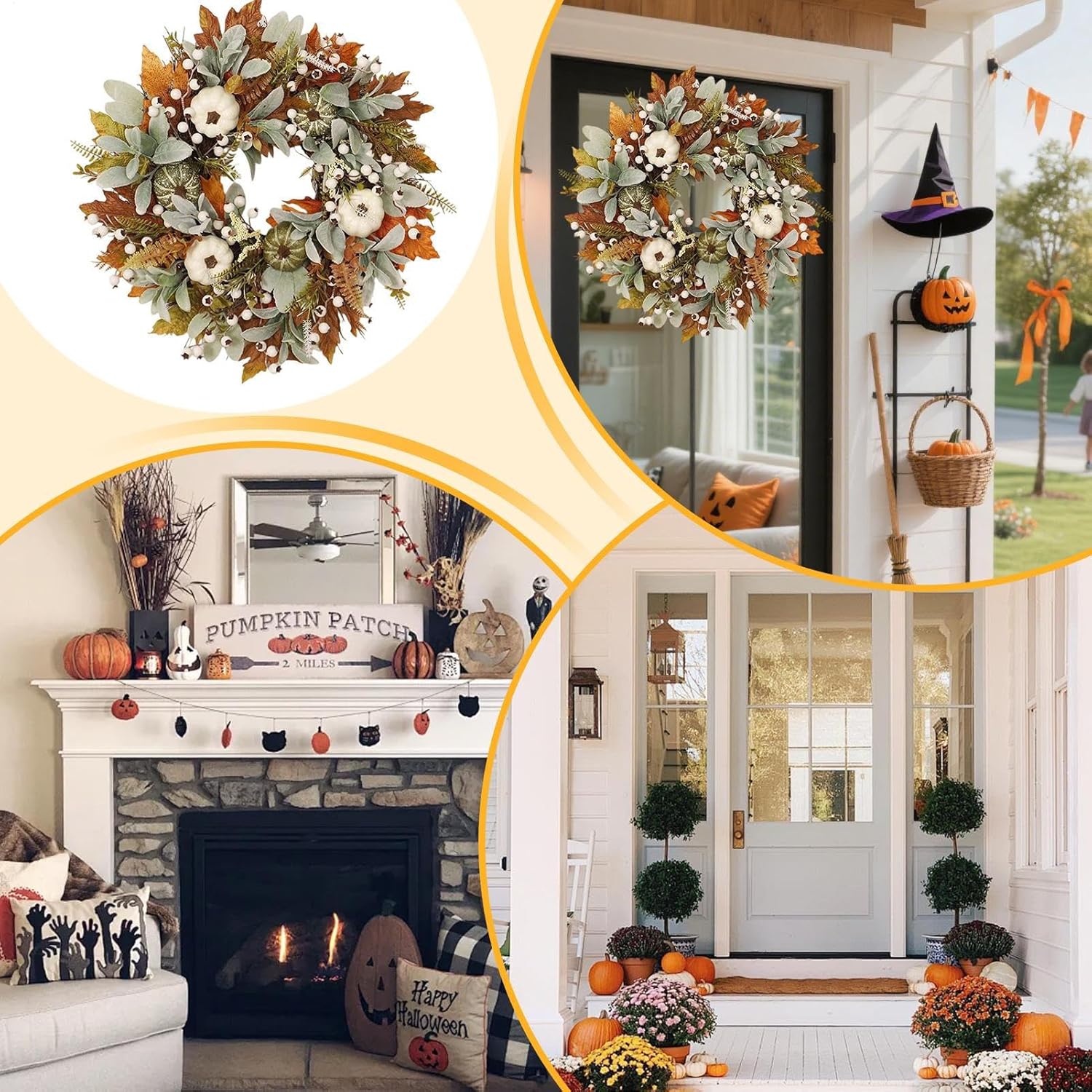 秋のドアリース | カボチャの感謝祭リース 秋の玄関装飾 - 紅葉の屋外用装飾 感謝祭飾り 農家風庭園・暖炉・パティオ・クリスマス向