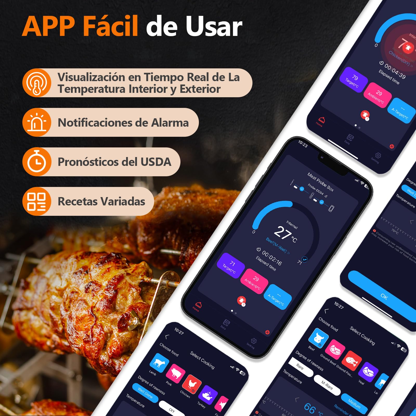 AIRMSEN Termómetro de Carne Inalámbrico con Pantalla LCD, Impermeable IPX8, Termómetro de Barbacoa Bluetooth con Alcance de 150m, Control por App, Mango de Cerámica, para Parrilla, Horno y BBQ