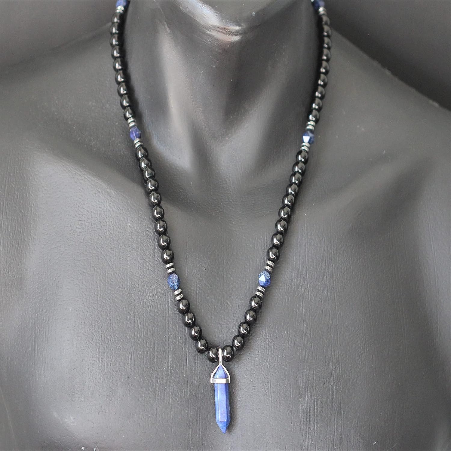 Lapis Lazuli Pendant Black Onyx Beaded Adjustable Macrame Protection Crystal Gemstone Long Necklace Christmas Gif For Him Women's