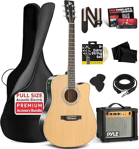 Pyle Cutaway - Kit de guitarra eléctrica acústica y amplificador, cuerpo de madera de abeto de tamaño completo 4/4 con amplificador de 10 W, bolsa