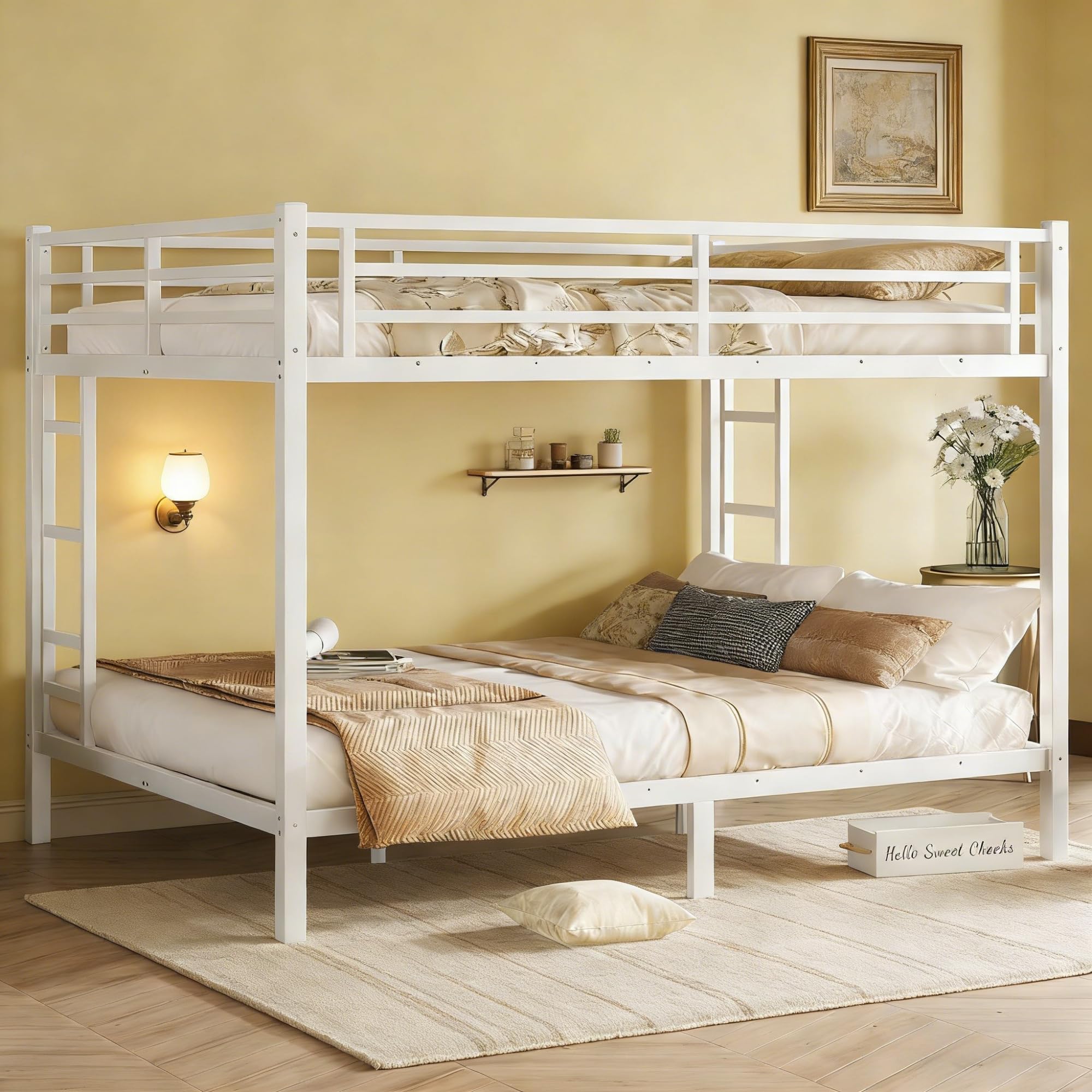 Bellemave Queen Over Queen Bunk Bed with Ladders, Metal Bunk Beds Frame with Full-Length Guardrails, Heavy-Duty Bunkbed for Bedroom, Guest Room, Dorms