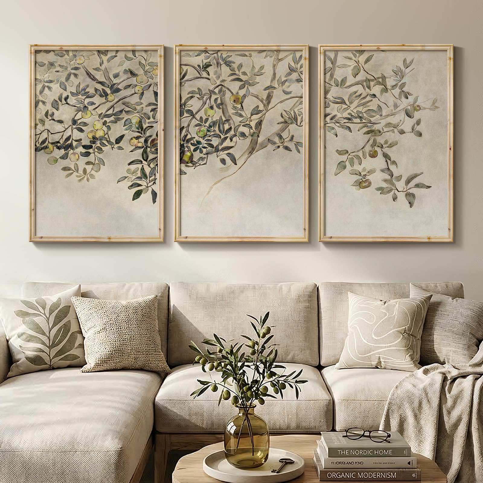 Photo 1 of Large Vintage Framed Tree Wall Art for Living Room, 3 Piece Neutral Rustic Botanical Canvas Prints Artwork for Walls, Modern Farmhouse Leaf Pictures for Bedroom Dining Room Office Wall Decor, 24x36 In
