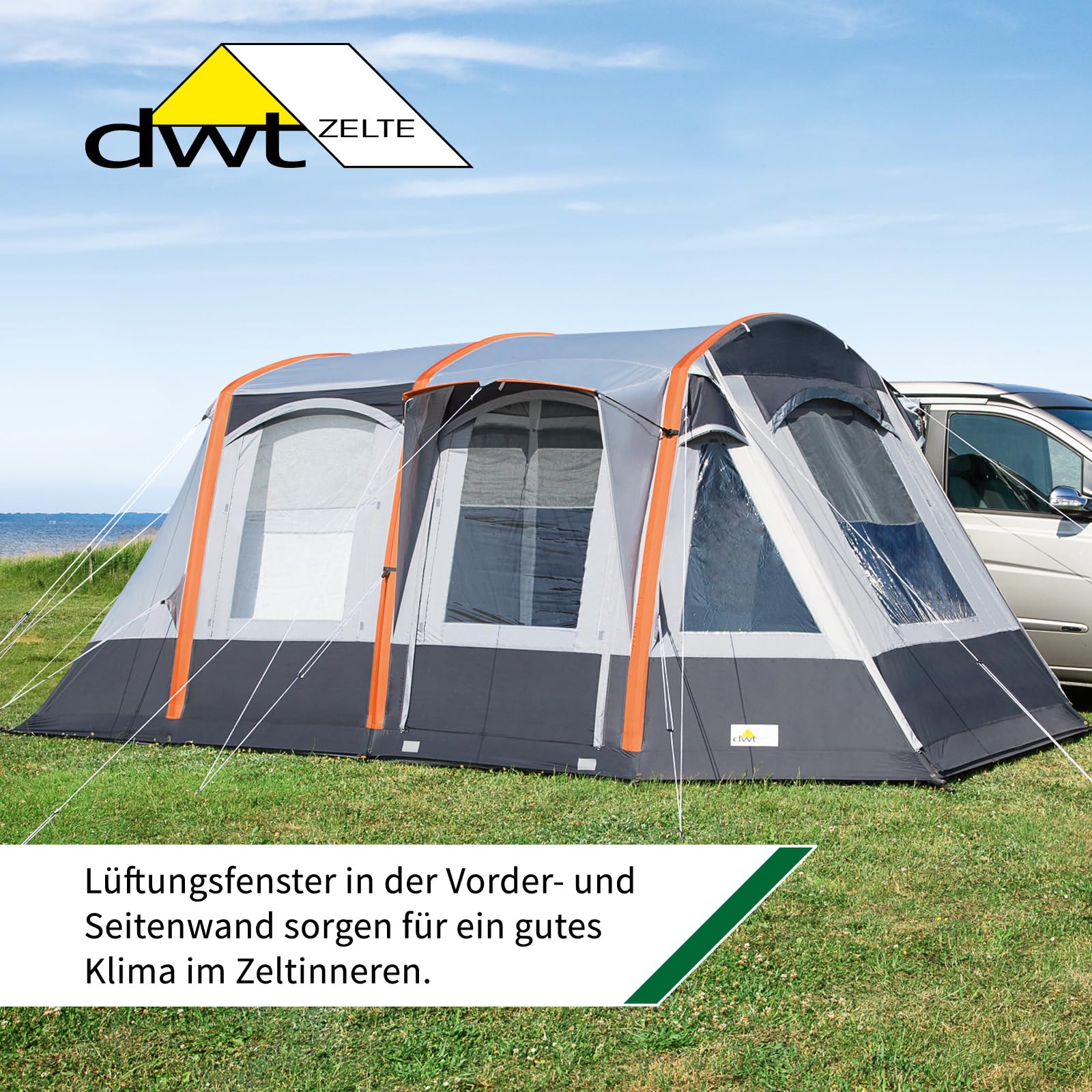 dwt Busvorzelt Pegasus Air 500x300 cm, grau, Texolan 30, aufblasbar, freistehend, Mobilzelt für Busse mit 180-220 cm Höhe