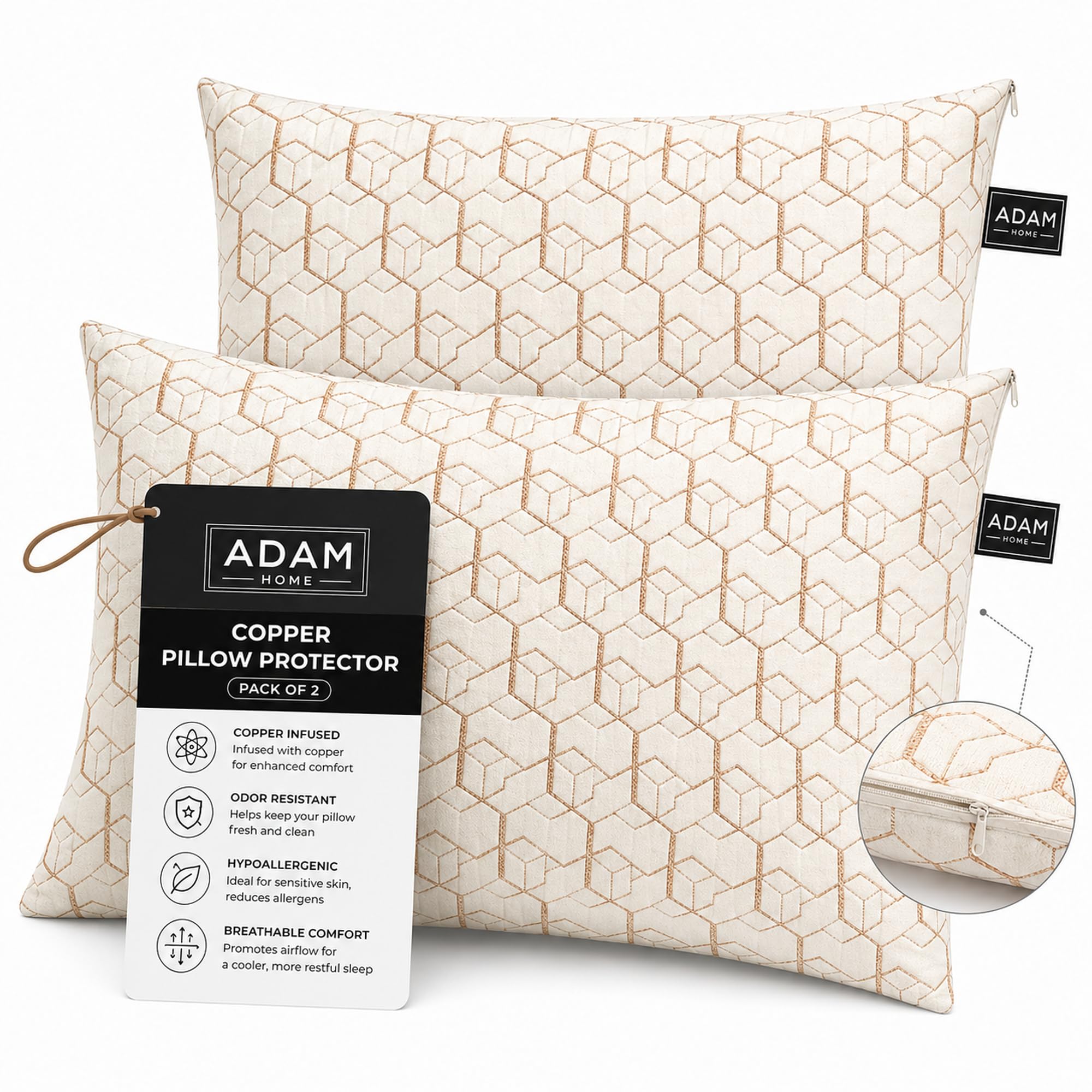 Adam Home Copper Infused Pillow Protectors 2 Pack (50 x 75 CM) - Antimicrobial Sleep Protection Zippered Pillow Cases – Durable, Breathable & Comfortable