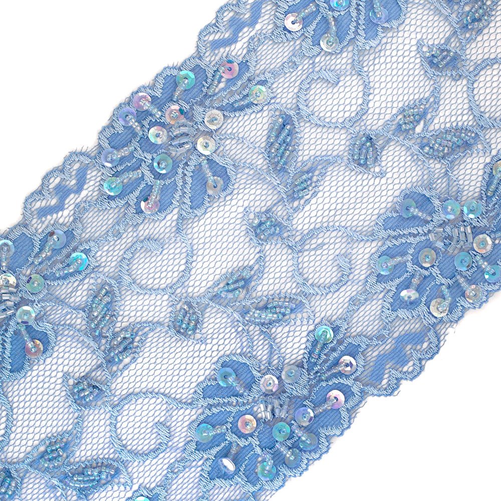 Beaded Sequin Stretched Blue Bell Lace Trim, 5-1/2 Inch by 1 Yard, SEE-SL-0415-BD