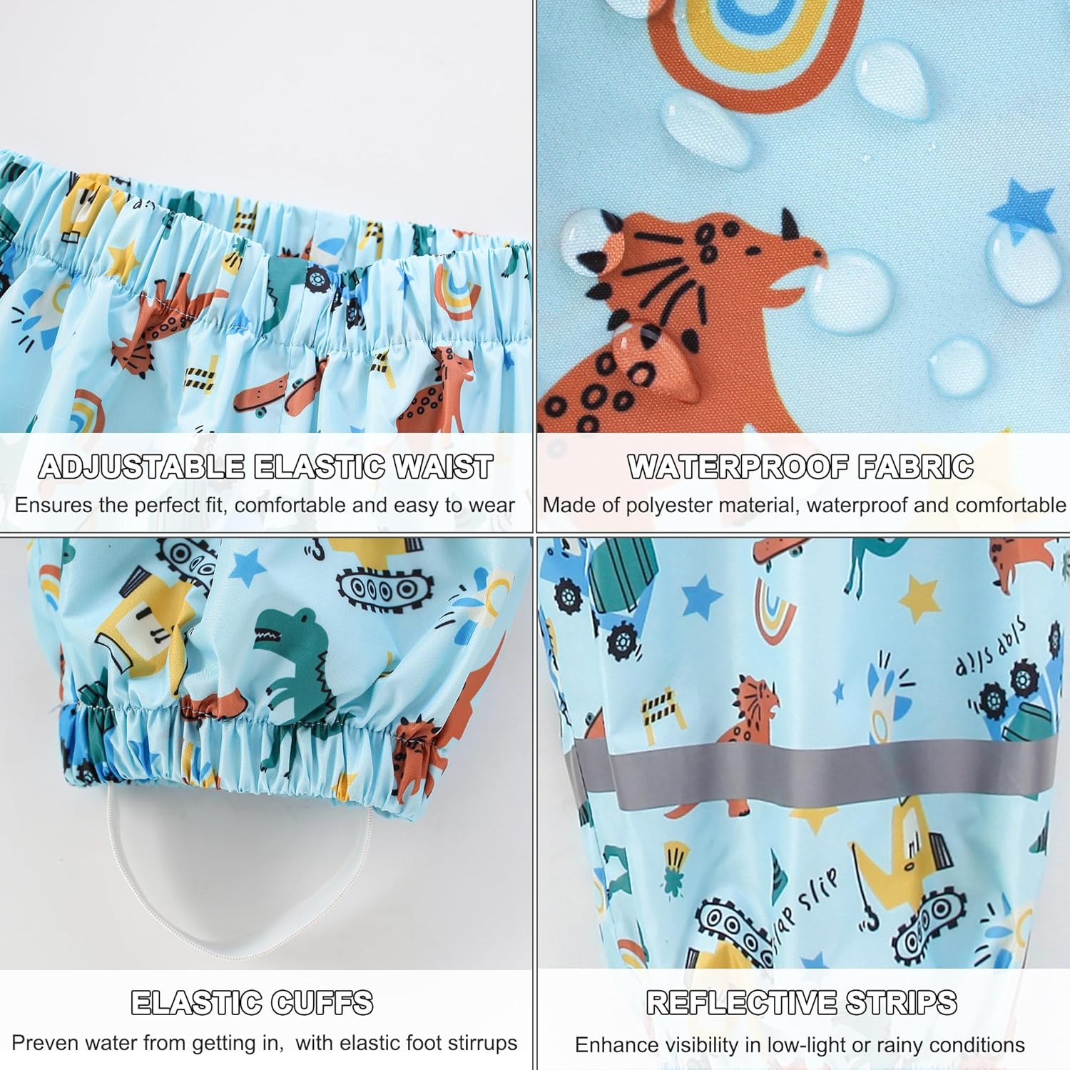 Toddler Rain Pants Kids' Waterproof Rain Pants Lightweight Reflective Rain Wear for Boys Girls - Image 4