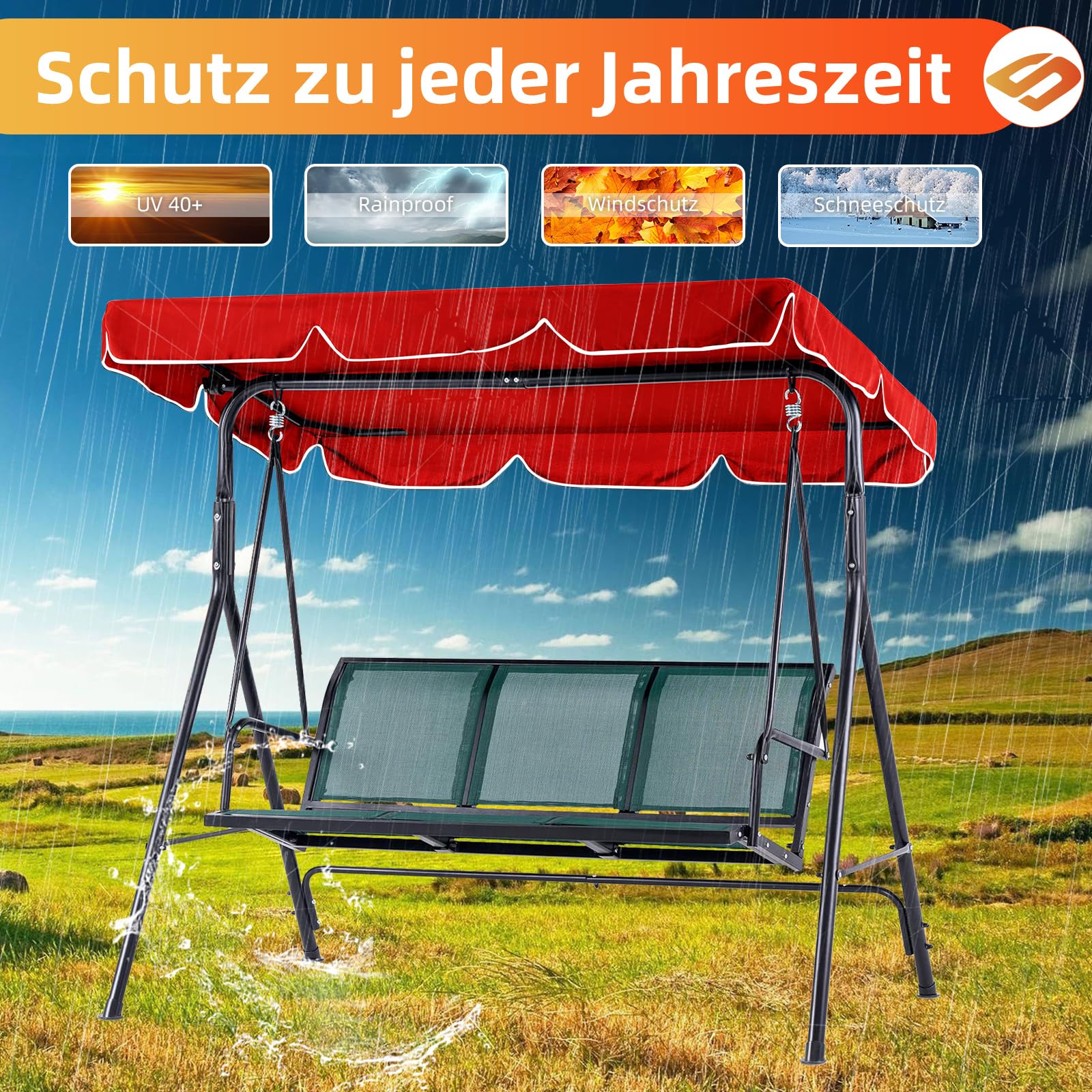 Hollywoodschaukel Dachbezug Wasserdicht,Hollywood Swing Ersatzdach mit Klettverschluss, Gartenschaukel Dach mit 4 Verstellbare Tunnel (Rot)