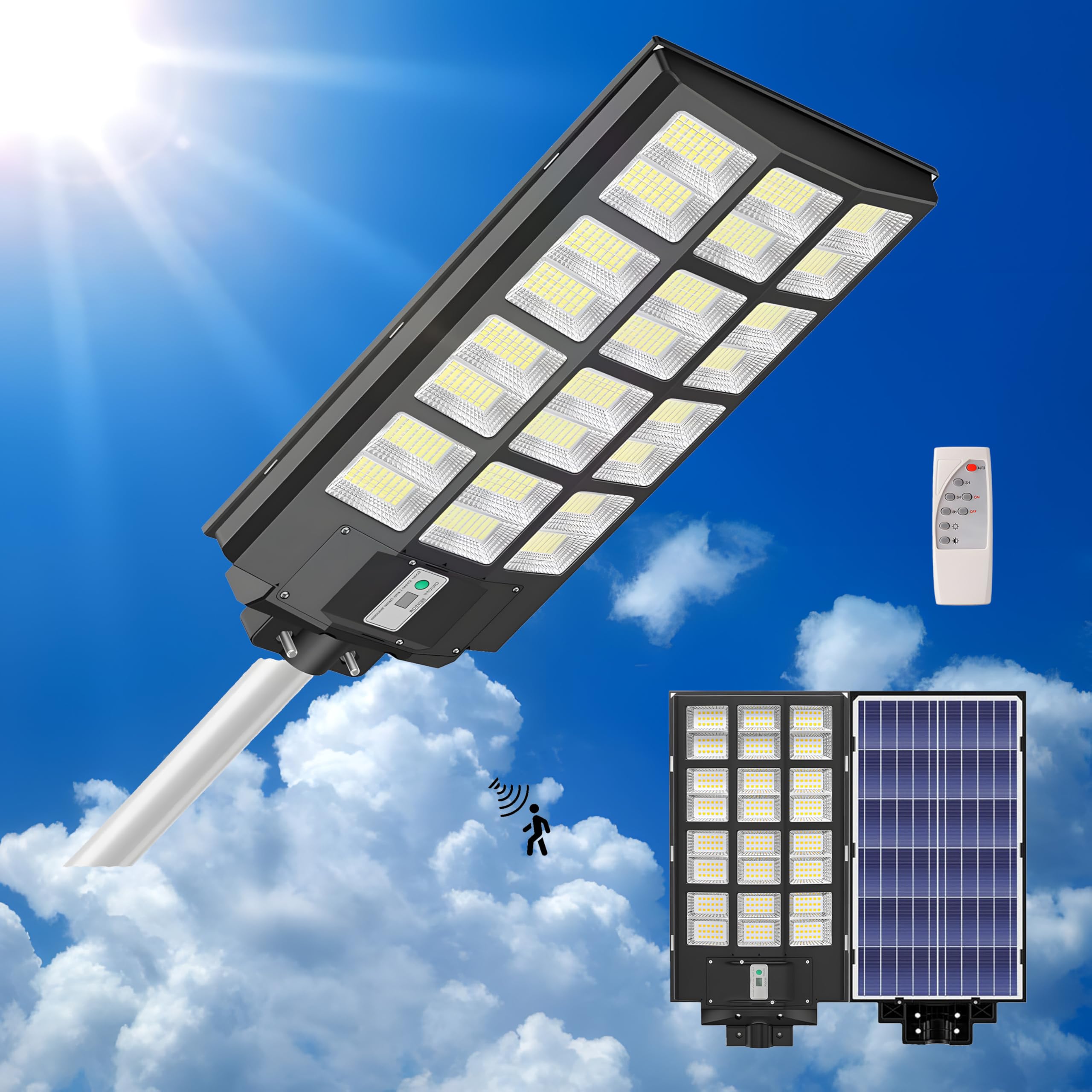 1000-8000W Solar Street Light Outdoor, 6500K Commercial Parking Lot Lamp Dusk to Dawn, Waterproof Remote Control Solar Security Flood Light, Motion Sensor, Court Road,Path,Piazz,Driveway (1B-8000W)