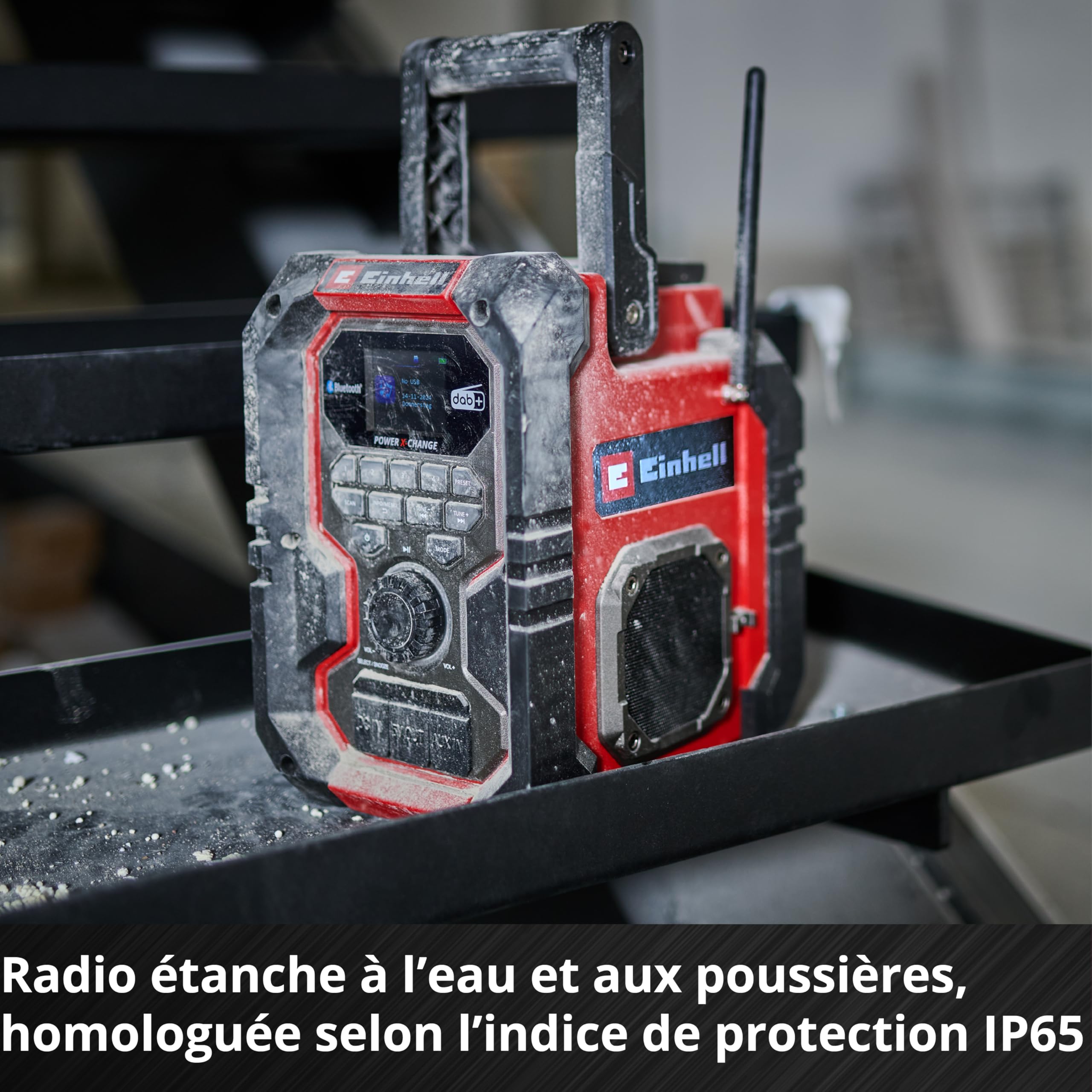 Radio de Chantier sans Fil Einhell Te-CR 18 Li Dab+/FM/BT-Solo | PXC | 18 V | DAB+ | FM | Bluetooth | AUX | USB | recherche automatique des stations | écran couleur TFT | IP65