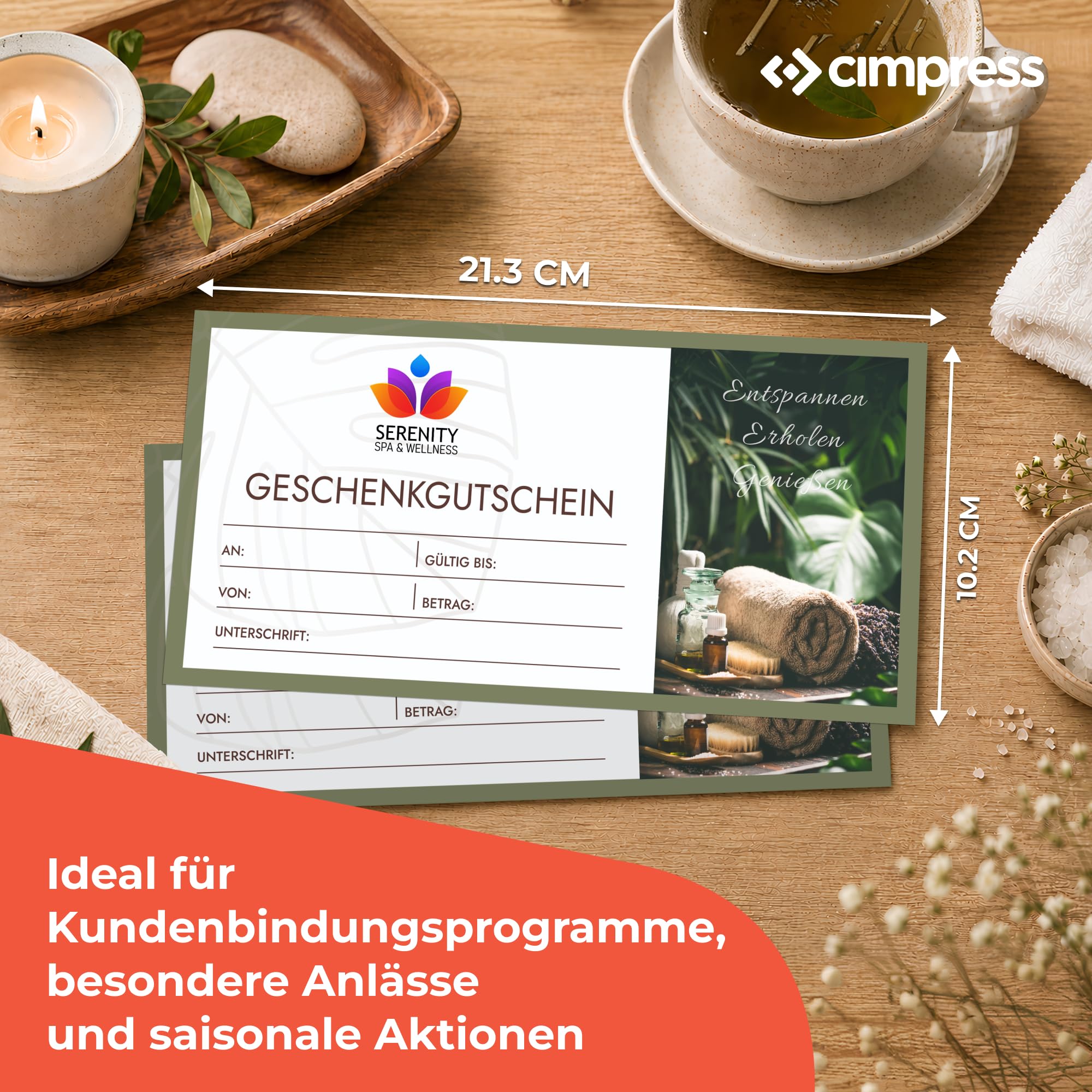 Personalisierte Beauty & Wellness Gutscheine, Logo oder Text, 500 Stück | Premium 300 g/m² matt gestrichenes Papier, 210 W × 95 H mm, Vorlage vorne, personalisierbare Rückseite, Kundenbindung