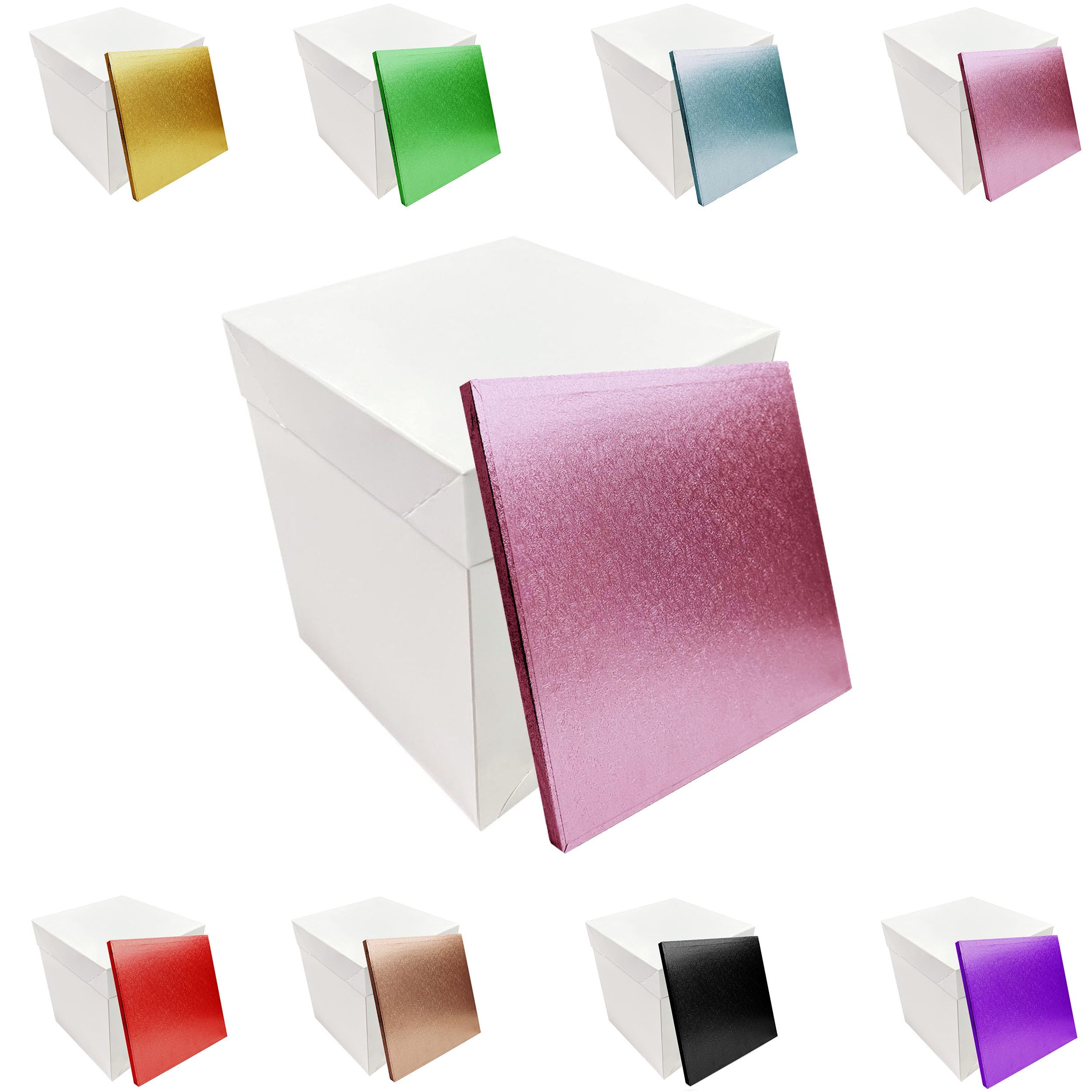 LARRYROO Tall White Extra Deep Cake Box + Lid & Square Colour Cake Drum Board Combo Pack for High Celebration, Wedding, Birthday Cakes (Light Pink, 14 Inch)