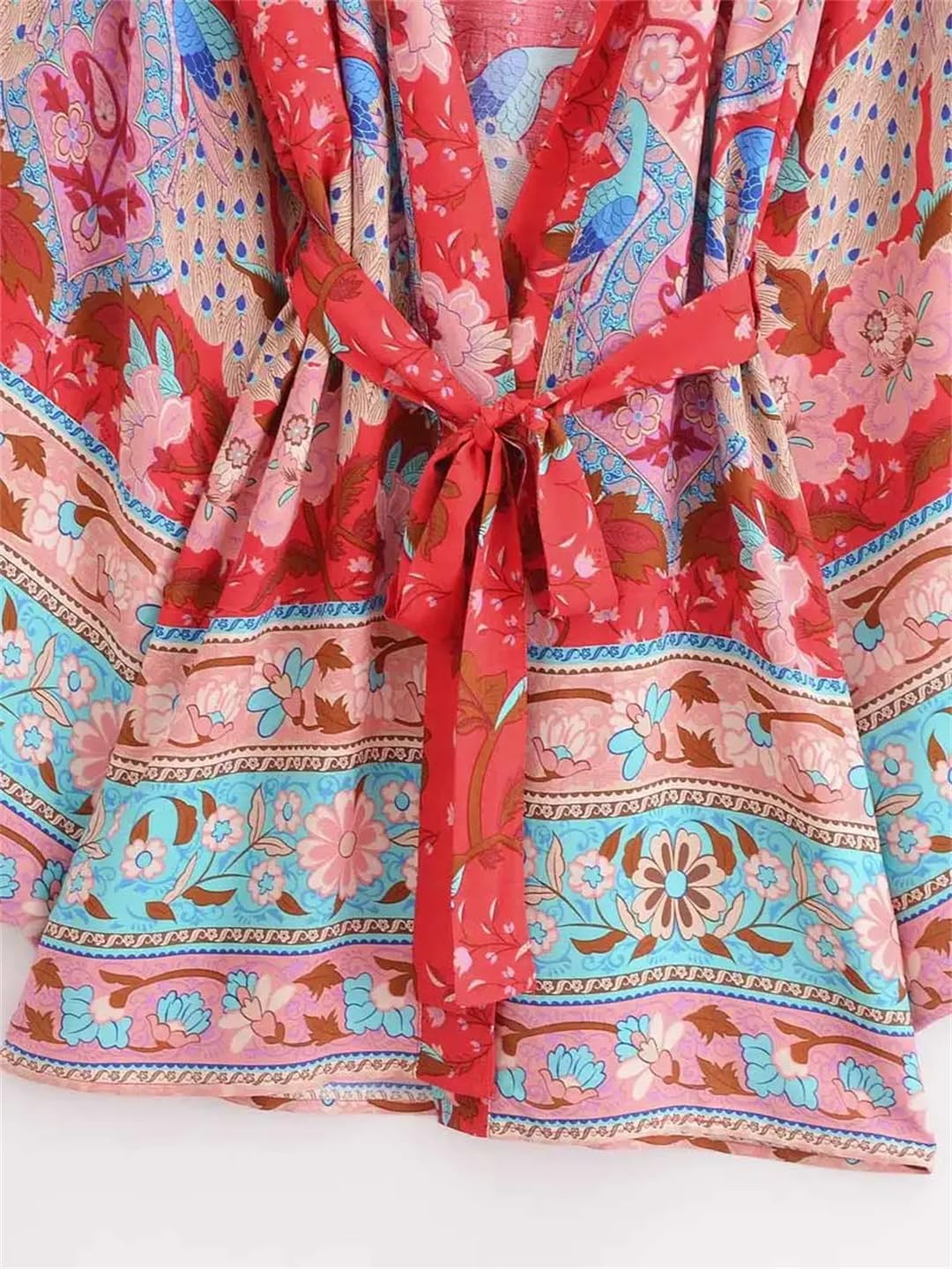 Copricostume da donna con stampa floreale rossa con cintura kimono abito tunica da spiaggia lungo kimono copertura da spiaggia