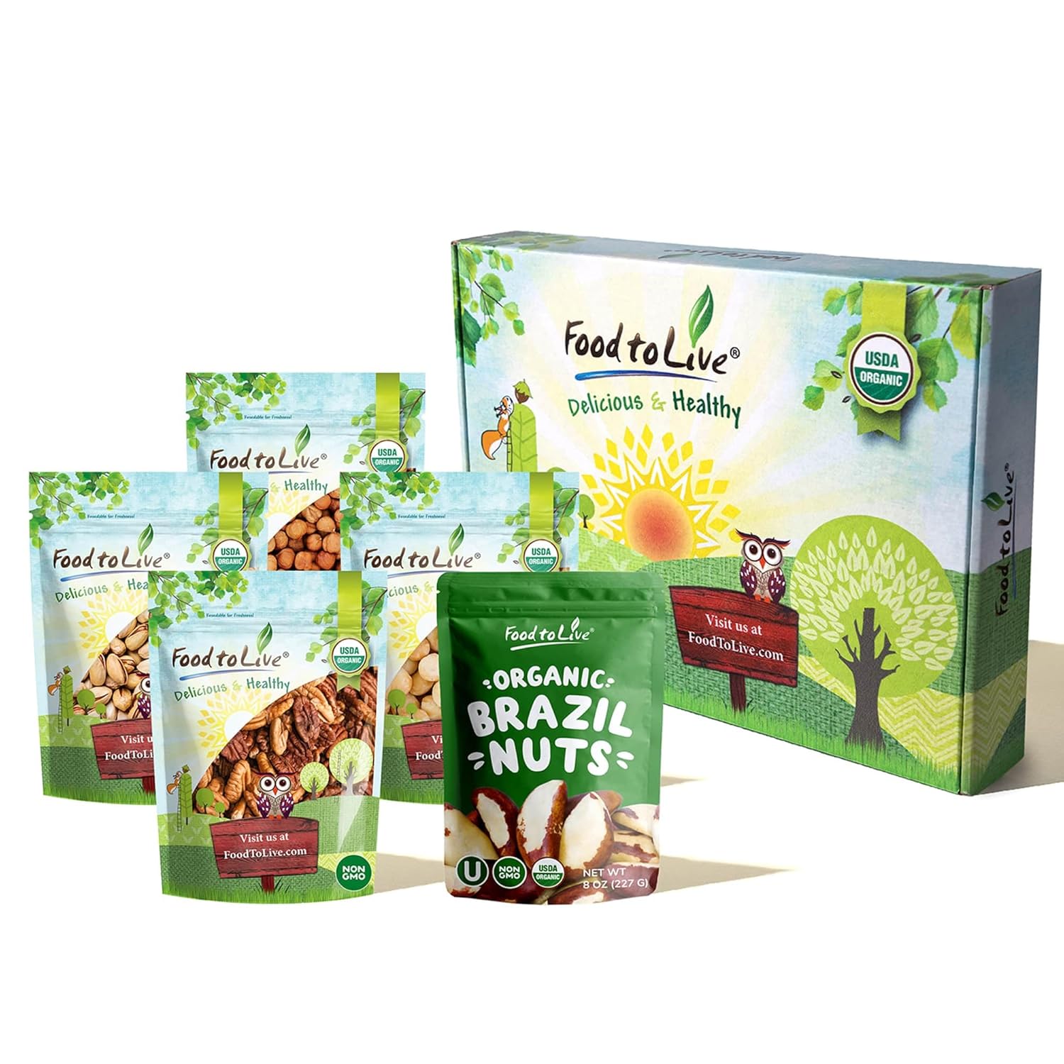 Food to Live - Organic Delicious Nuts in a Gift Box - A Variety Pack of Pecans, Hazelnuts, Brazil Nuts, Macadamia Nuts, and Roasted & Salted Pistachios