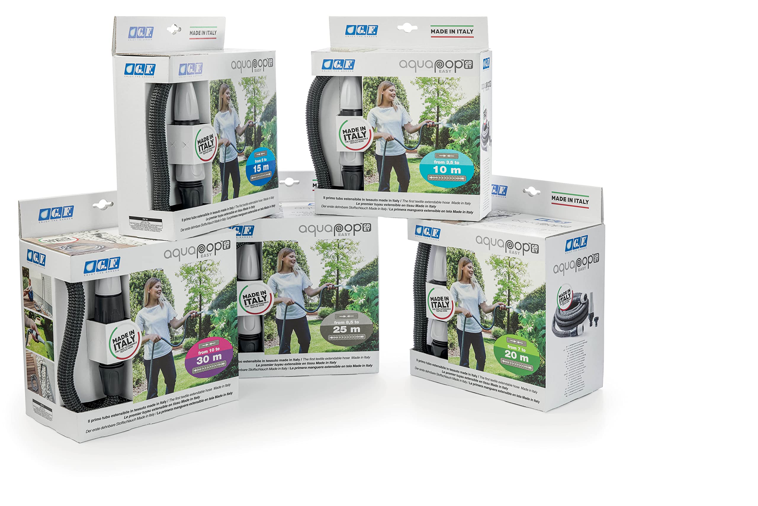 G.F. SRL, Aquapop Grey Easy 30, 30 Meter selbstverlängernder Gewebeschlauch, Made IN Italy, mit Mini-Gartenspritze und Anschlüsse zur Bewässerung von Gärten, dunkelgrau