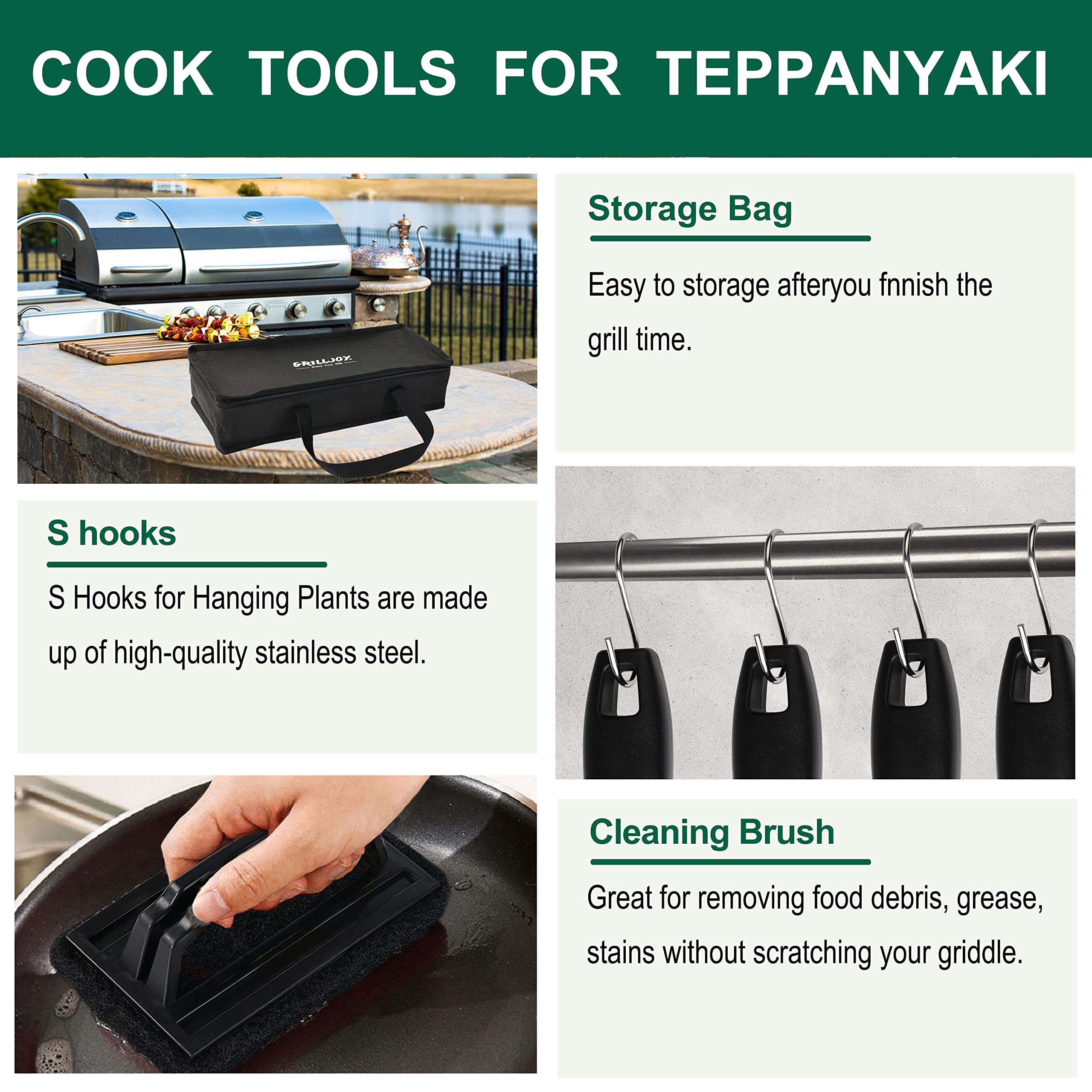 Grilljoy 46-teiliges Grillzubehör-Set mit robustem Kunststoffgriff, All-in-One-Grillwerkzeug-Set für flache Grills, Teppanyaki, Hibachi, Edelstahl-Grillspatel-Kit für Outdoor-Camping, Grillen