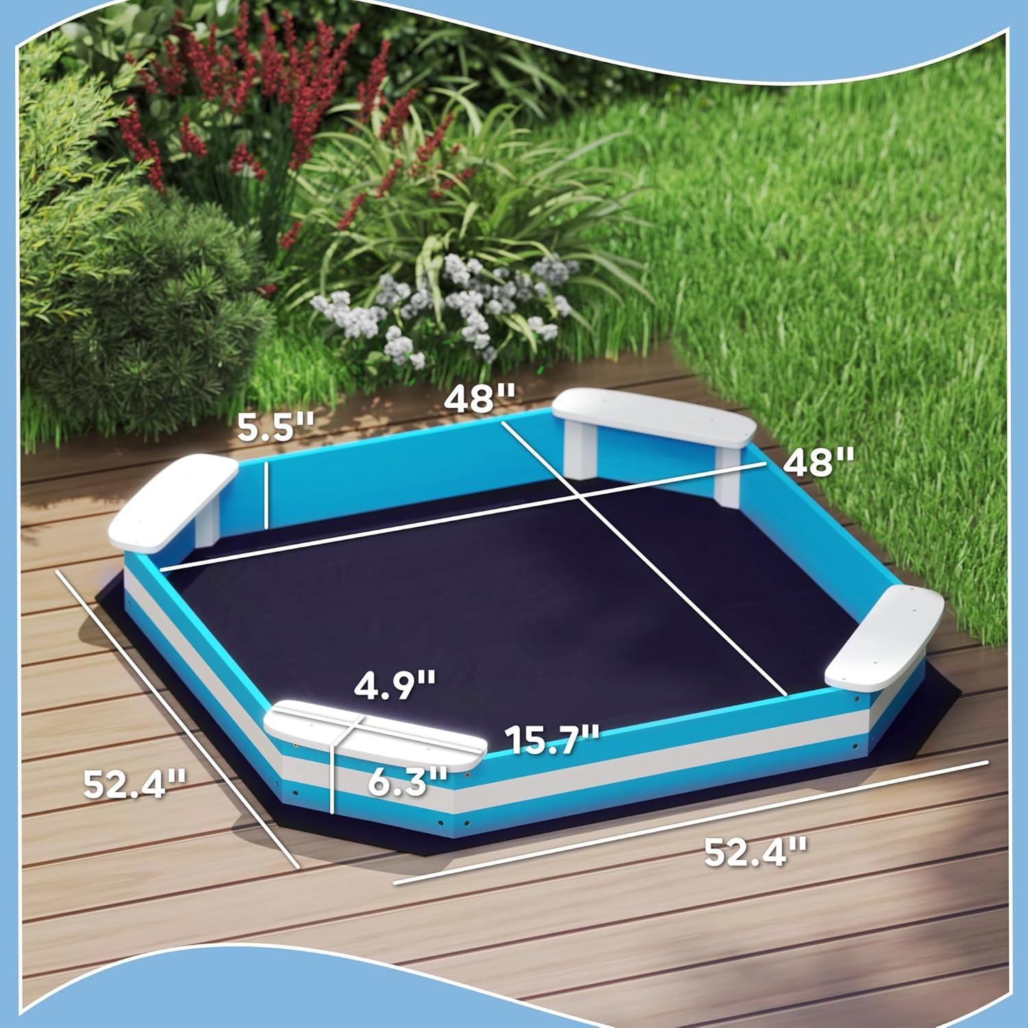 Qaba Kids Sandbox, Outdoor Wooden Sand Pit with 4 Corner Seats, Bottom Liner for Backyard, Garden, 52" x 52" x 6", Blue