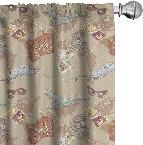 Miniatura 1 de Ambesonne Travel Curtains, Repeating Pattern with Plane Bag Camera and World Map Vintage Retro Style Print, Window Treatments 2 Panel Set for Living