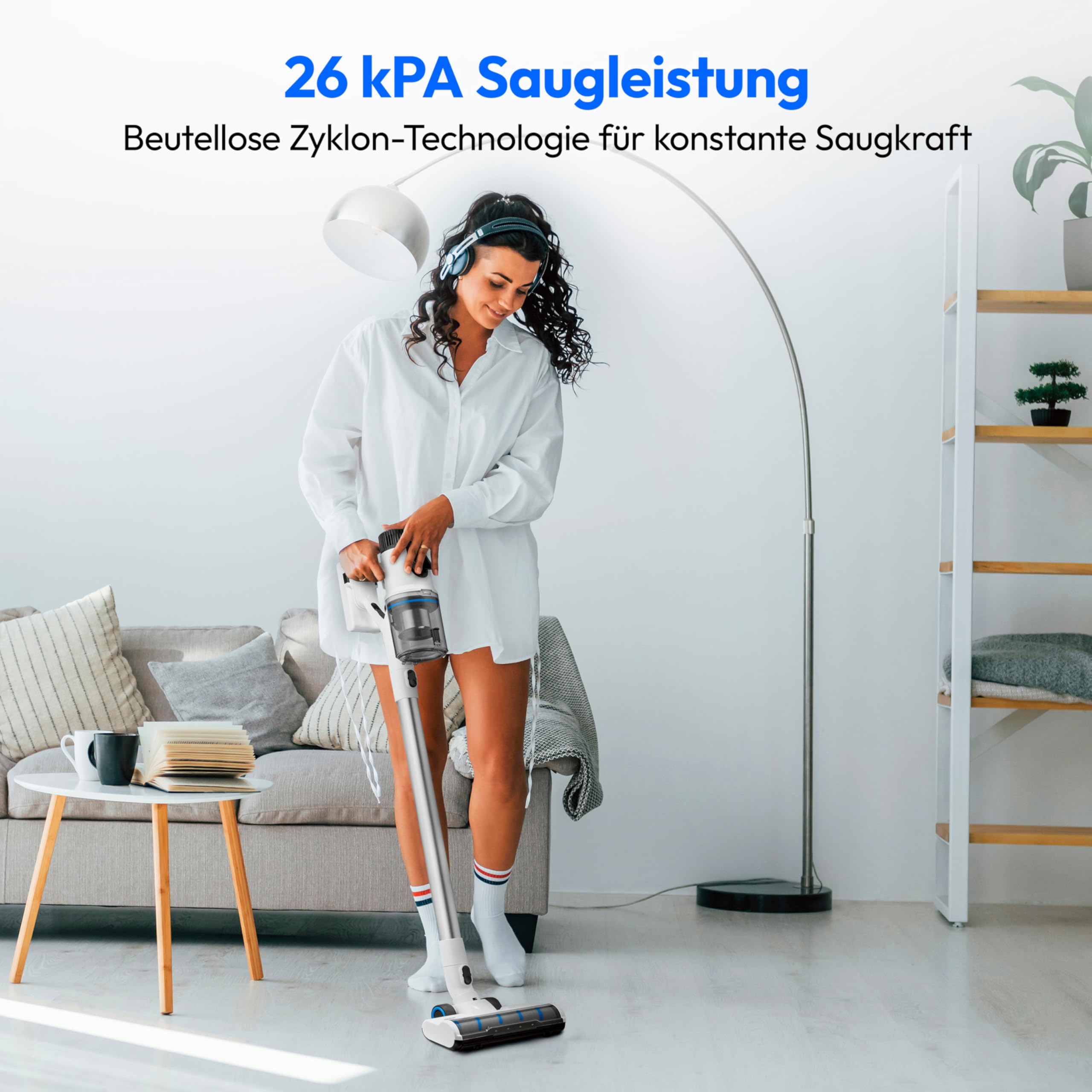 MEDION P400 W+ Akku-Stielstaubsauger mit Wischfunktion (elektrischer Wischaufsatz, kabellos, beutellos, Zyklon-Technologie, 400 Watt, Handstaubsauger, Staubsensor, HEPA H13, Bürstenrolle)