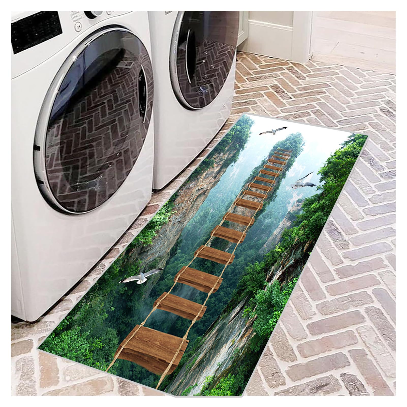 3D Illusion Teppich Läufer Flur Grün 60x300 cm rutschfest Waschbar Küchenteppich Lang Flurläufer Meterware Für Korridor Eingangsbereich Schlafzimmer Wohnzimmer Teppichmatten Anpassbar