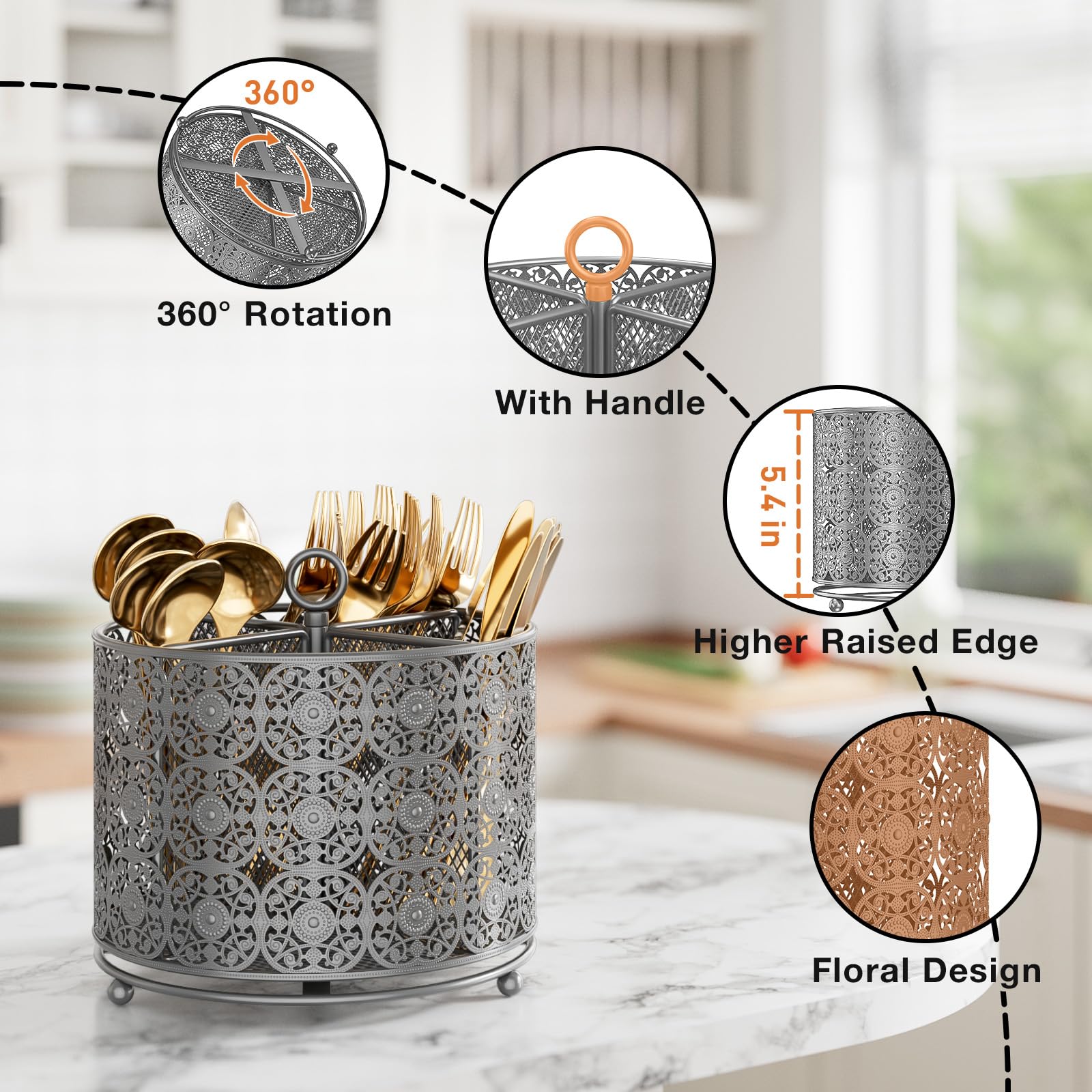 Amazon｜YIUKEA 回転キッチンキャディカウンタートップ - 高めのカトラリーキャディホルダー - 金属食器キャディオーガナイザー  4つのコンパートメント付き キッチンカウンターパーティー オフィス用 シルバー｜カトラリーケース オンライン通販