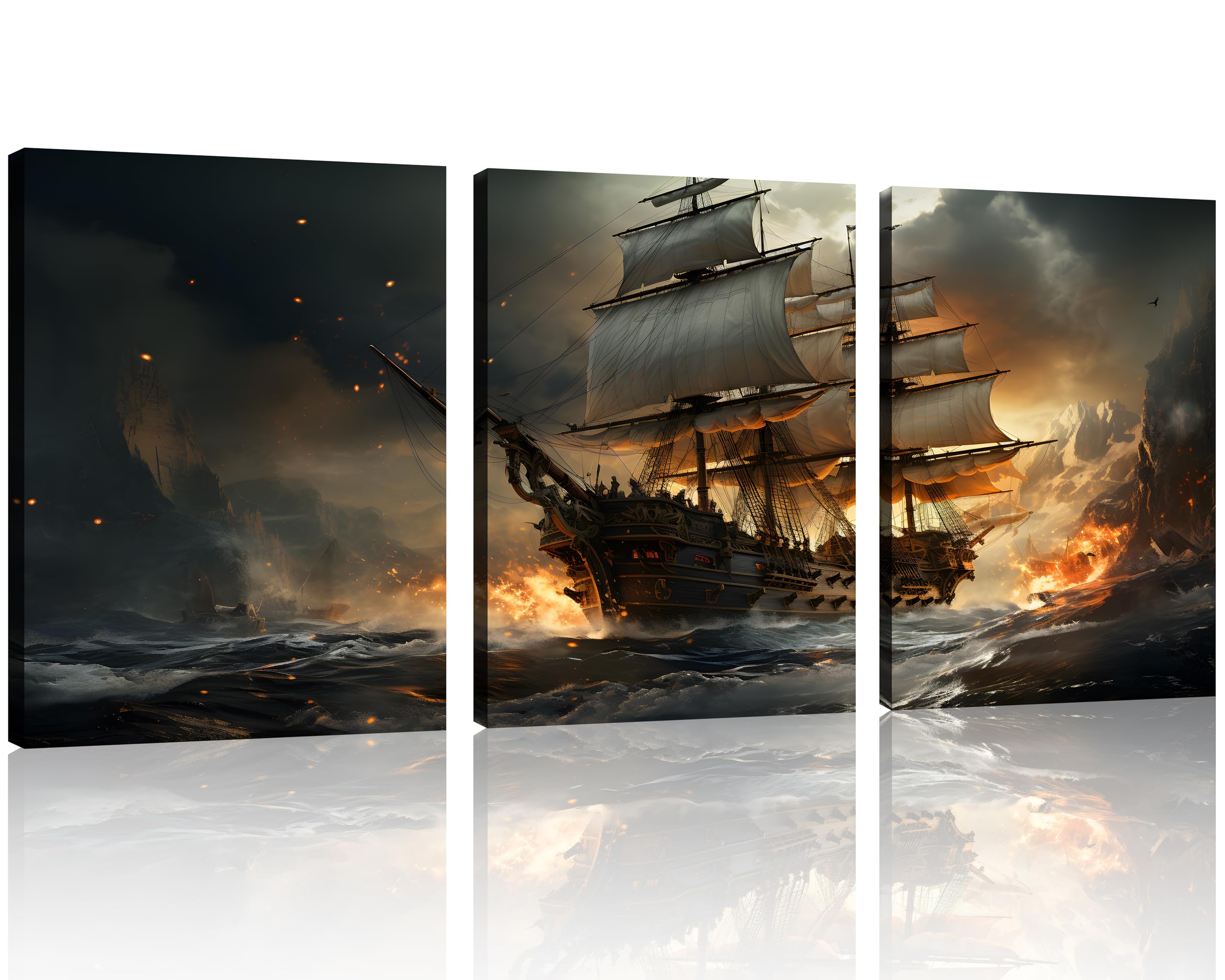 TutuBeer 3-Panel Pirate Ship Canvas Wall Art - Naval Battle Seascape Pictures for Home Decor - 12x16inchx3