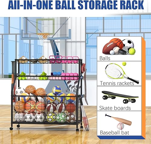Miniatura 5 de Estante de almacenamiento de bolas, carrito organizador de equipo deportivo grande para garaje, gimnasio en casa, almacenamiento de equipo deportivo