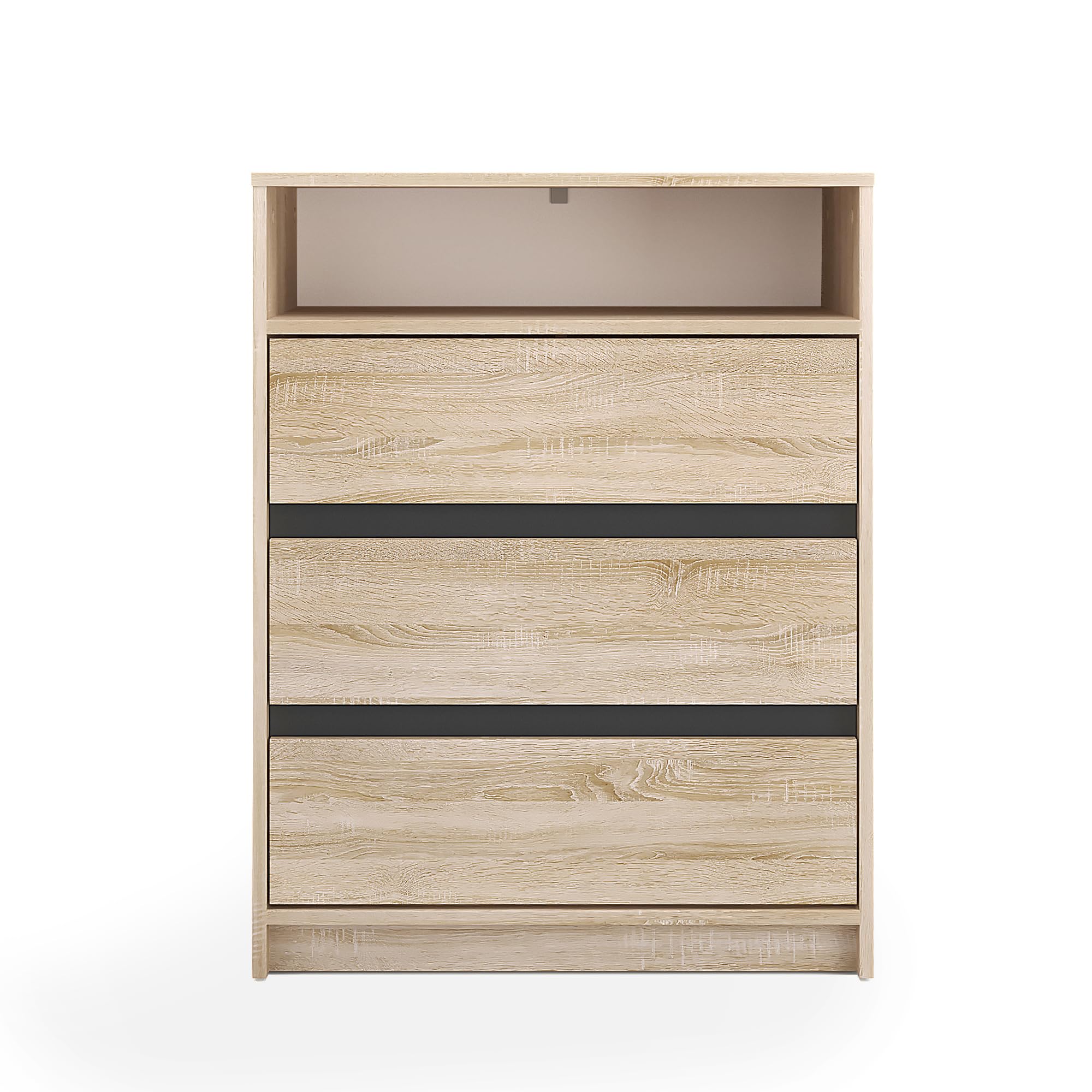 Komto Commode Chêne Sonoma – Meuble de Rangement avec 3 Tiroirs et 1 Niche Ouverte, Style Bois Clair pour Salon, Bureau ou Chambre Bébé/Enfant | Leon 70 x 37 x 90 cm (L x P x H)