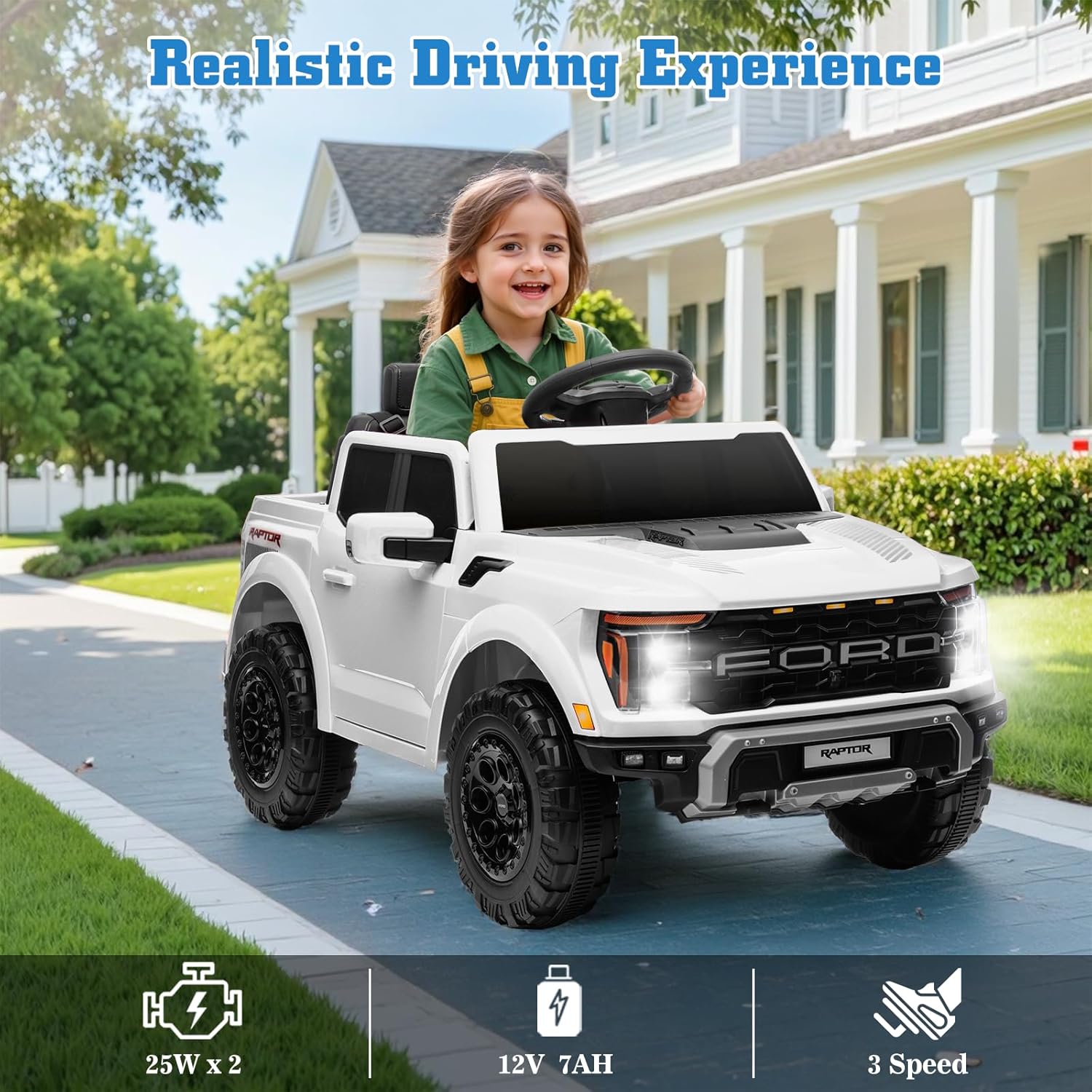 12V Ride on Car Licensed Ford F-150 Raptor, Kids Electric Car with Remote Control, LED Light/Music/MP3, Truck Bed Storage, 3-Point Seat Belt (White)