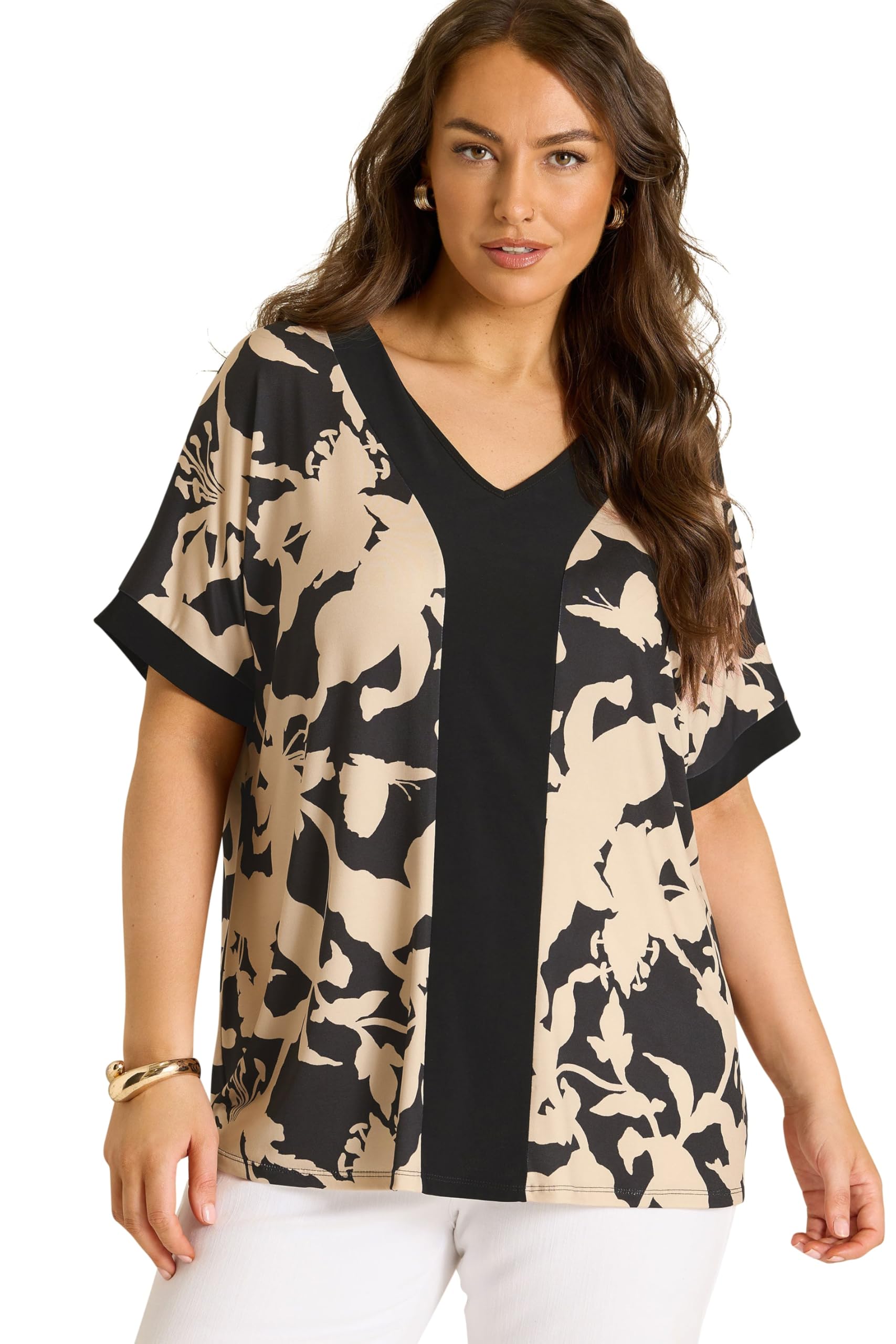 Evans Women's Brown Plus Natural Floral Jersey Top Size 30-32