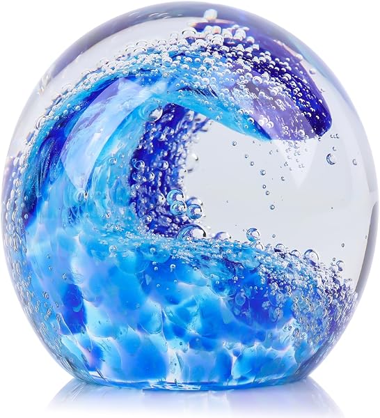 Hand Blown Glass Ocean Waves Paperweight for Beach Decor
