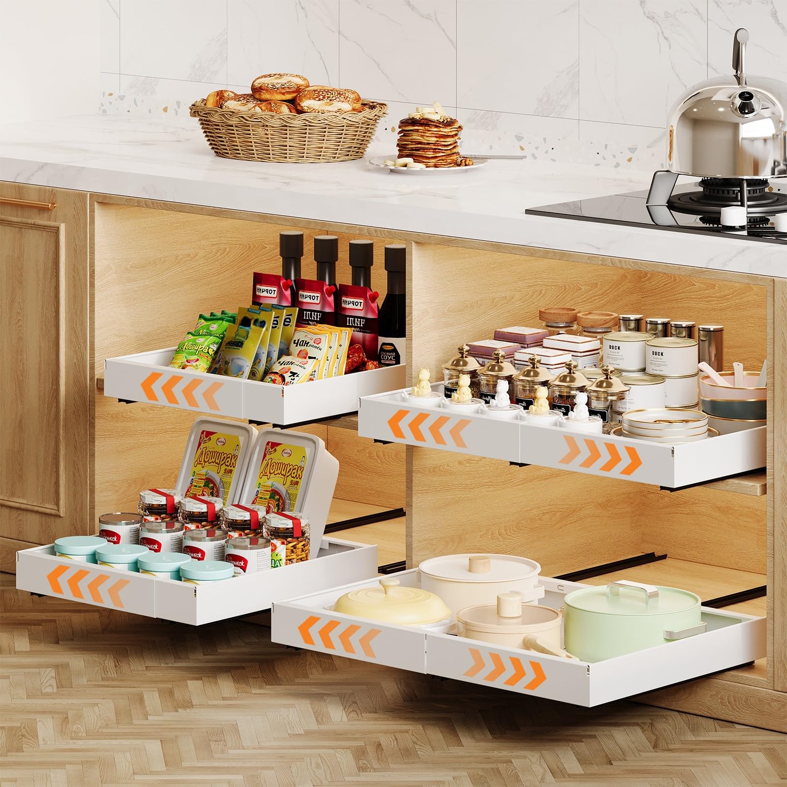 Teleskopschublade, Ausziehbare Schublade Küche Breite 32-52cm, Ausziehbarer Schrank Organizer mit Schienensystem, Stick Slide Out Auszug Küchenschrank für Küche Organisation, Weiß (4 Stück)