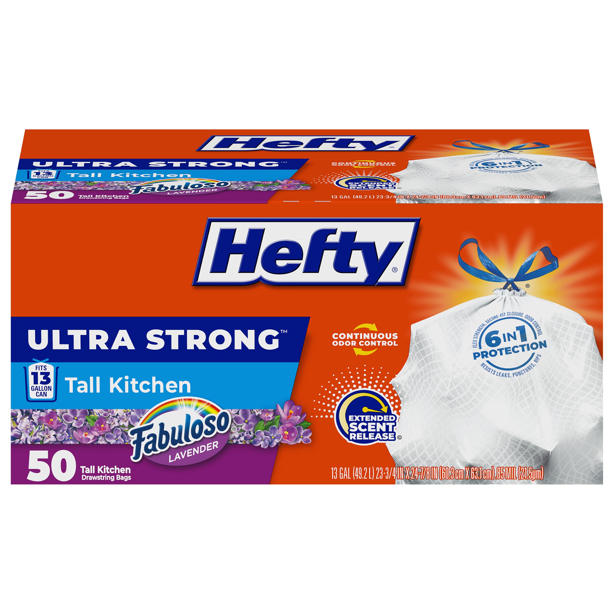 Hefty Ultra Strong 13 Gallon Trash Bags, Tall Kitchen Trash Bags 13 Gallon Size, Resist Leaks, Punctures, and Rips, Continuous Odor Control, White, Fabuloso Scent, 50 Bags