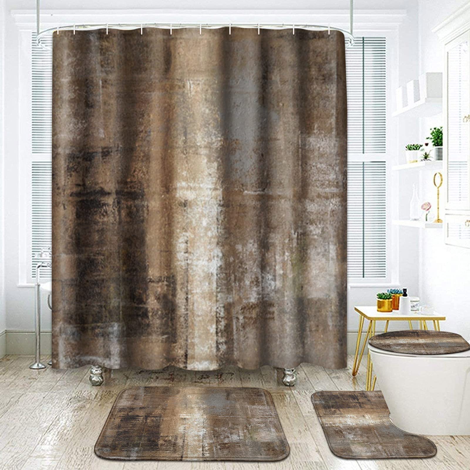 ArtSocket 4 Pcs Shower Curtain Set Burnt Brown Grey Abstract Painting Modern with Non-Slip Rugs Toilet Lid Cover and Bath Mat Bathroom Decor Set 72" x 72"
