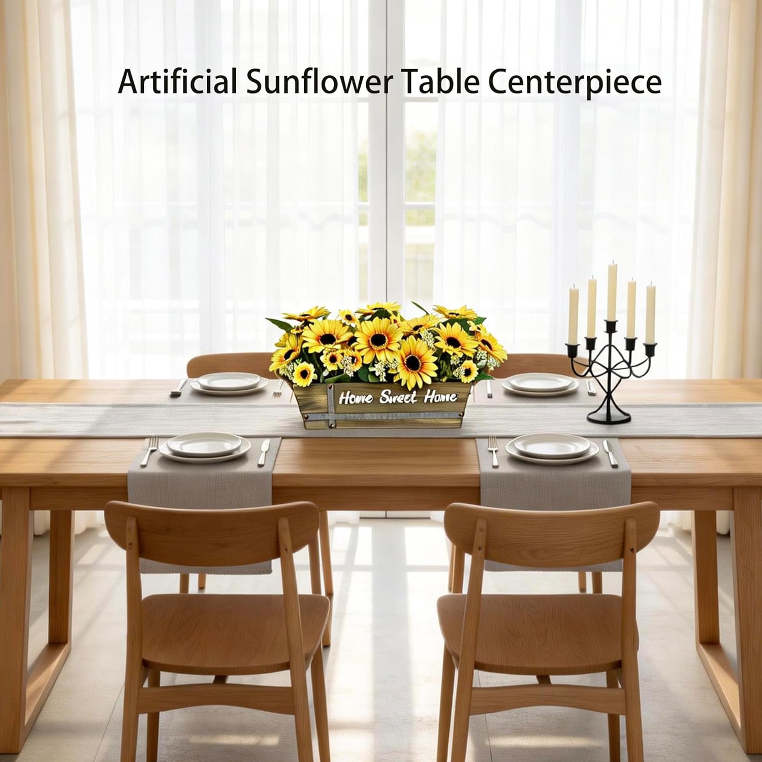 Artificial Sunflower Arrangement in Rustic Wood Box with “Home Sweet Home” Sign, Faux Sunflowers with Daisies and Greenery Farmhouse Table Centerpiece for Home Décor, Indoor Display