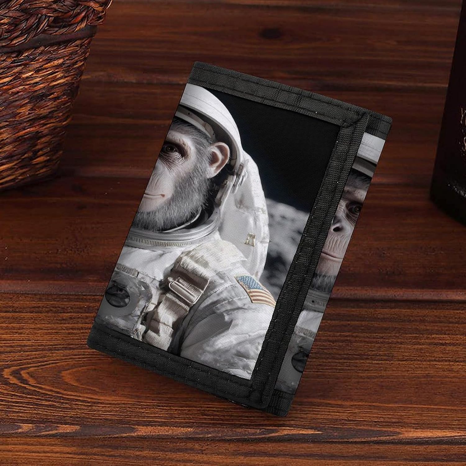 Astronaut Chimpanzee on The Moon Trifold Slim Wallet Front Pocket With Money Clip And ID Credit Card Slots For Travel Work