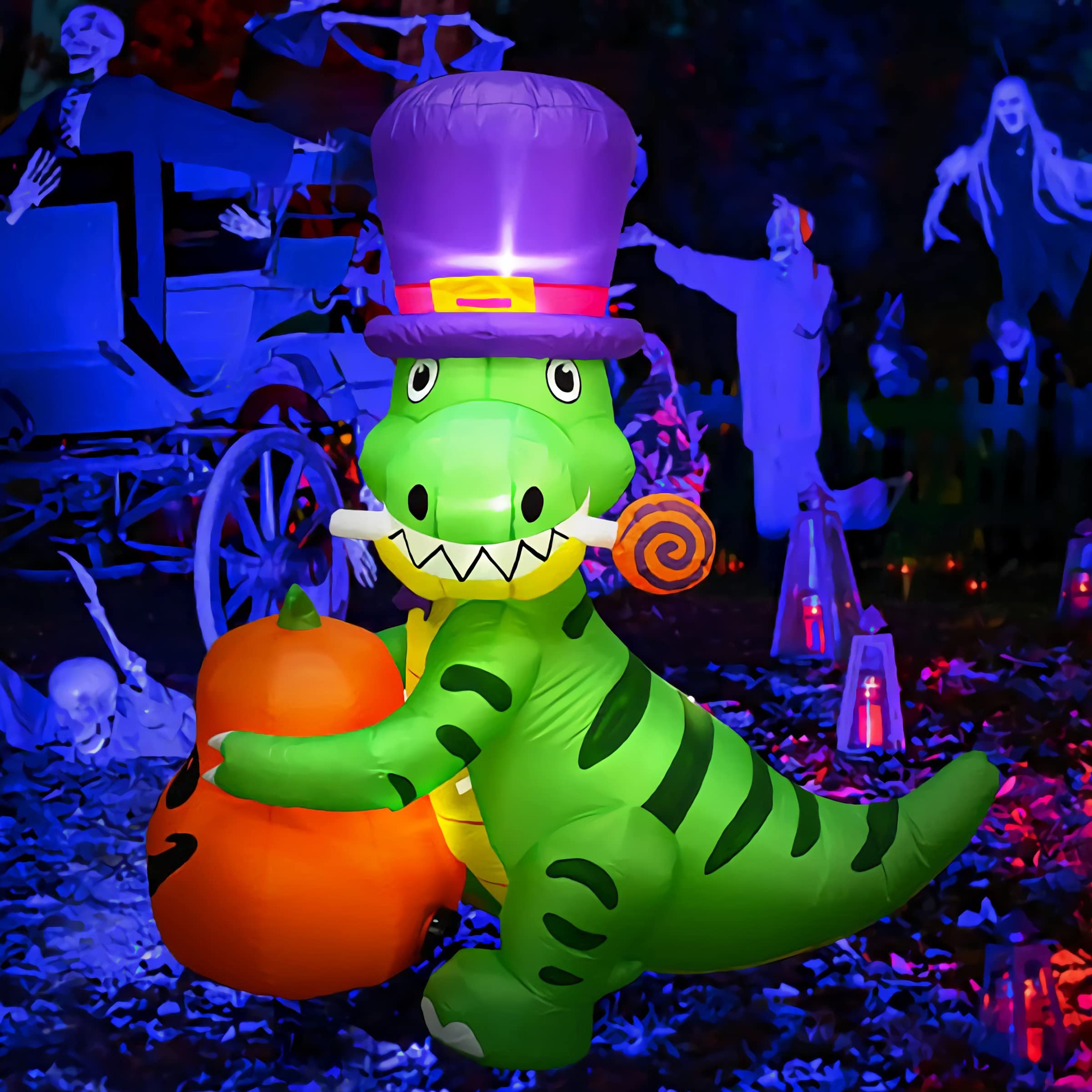 Halloween Inflatables Dinosaur with Pumkin 6FT, Halloween Blow Up Yard Decoration Clearance with LED Lights Built-in for Holiday/Party/Yard/Garden