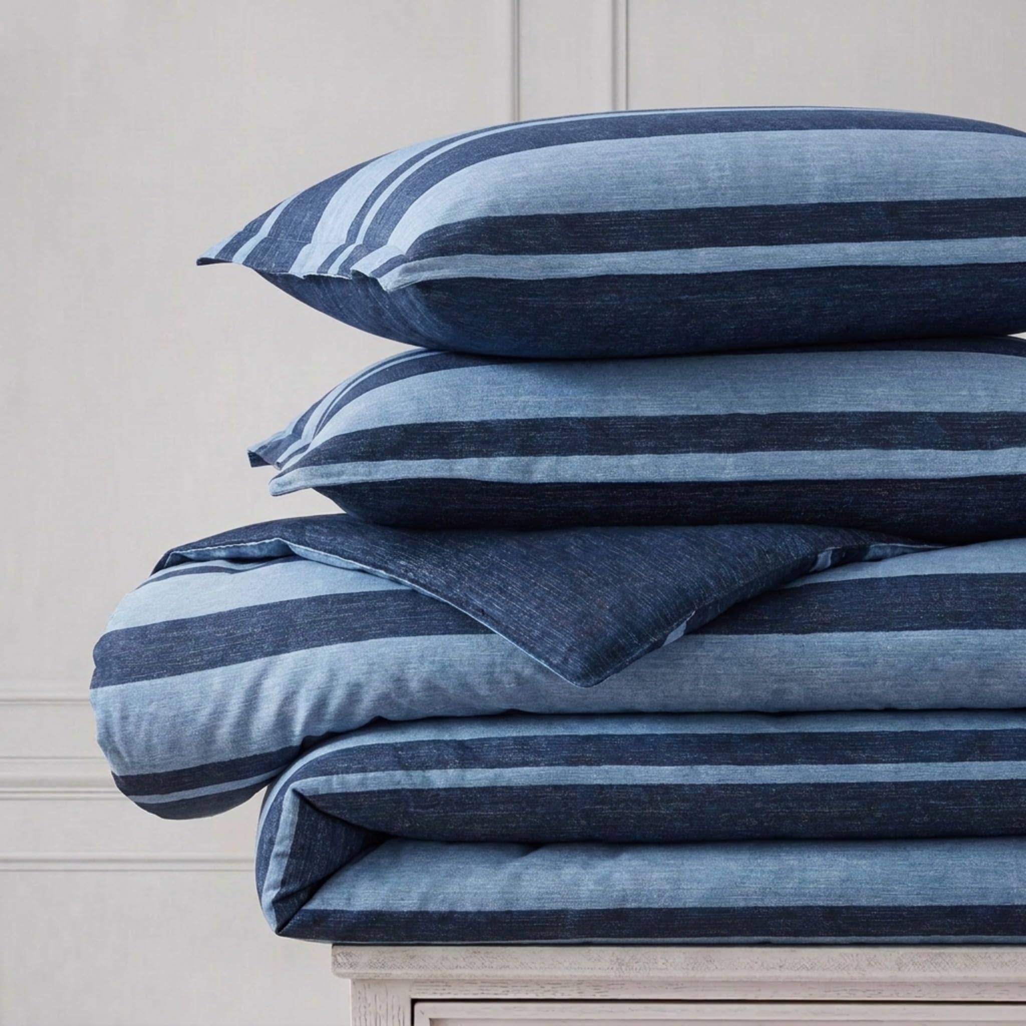 Nautica Juego de Ropa de Cama de 3 Piezas, 100% algodón, Acogedor, Suave, Duradero y Transpirable, a Rayas, Color Azul, matrimonial/Queen