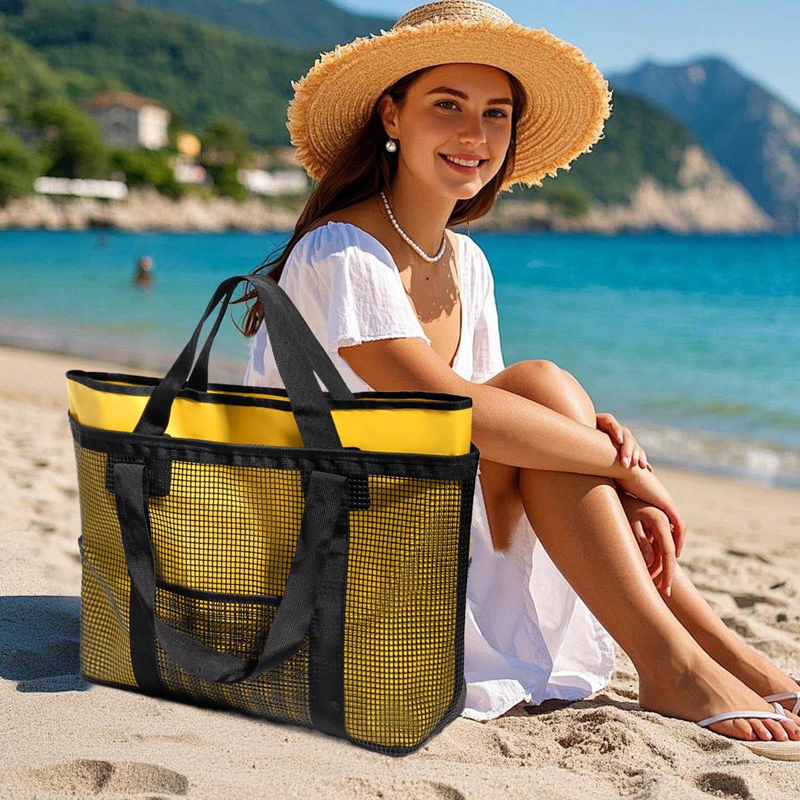 Borse Da Spiaggia Femminili Impermeabile Pieghevole Leggera Antisabbia | Borsa a rete da piscina donna Per Abiti Cappello Cosmetici Telefono Viaggio Vacanza Gita Outdoor Campeggio