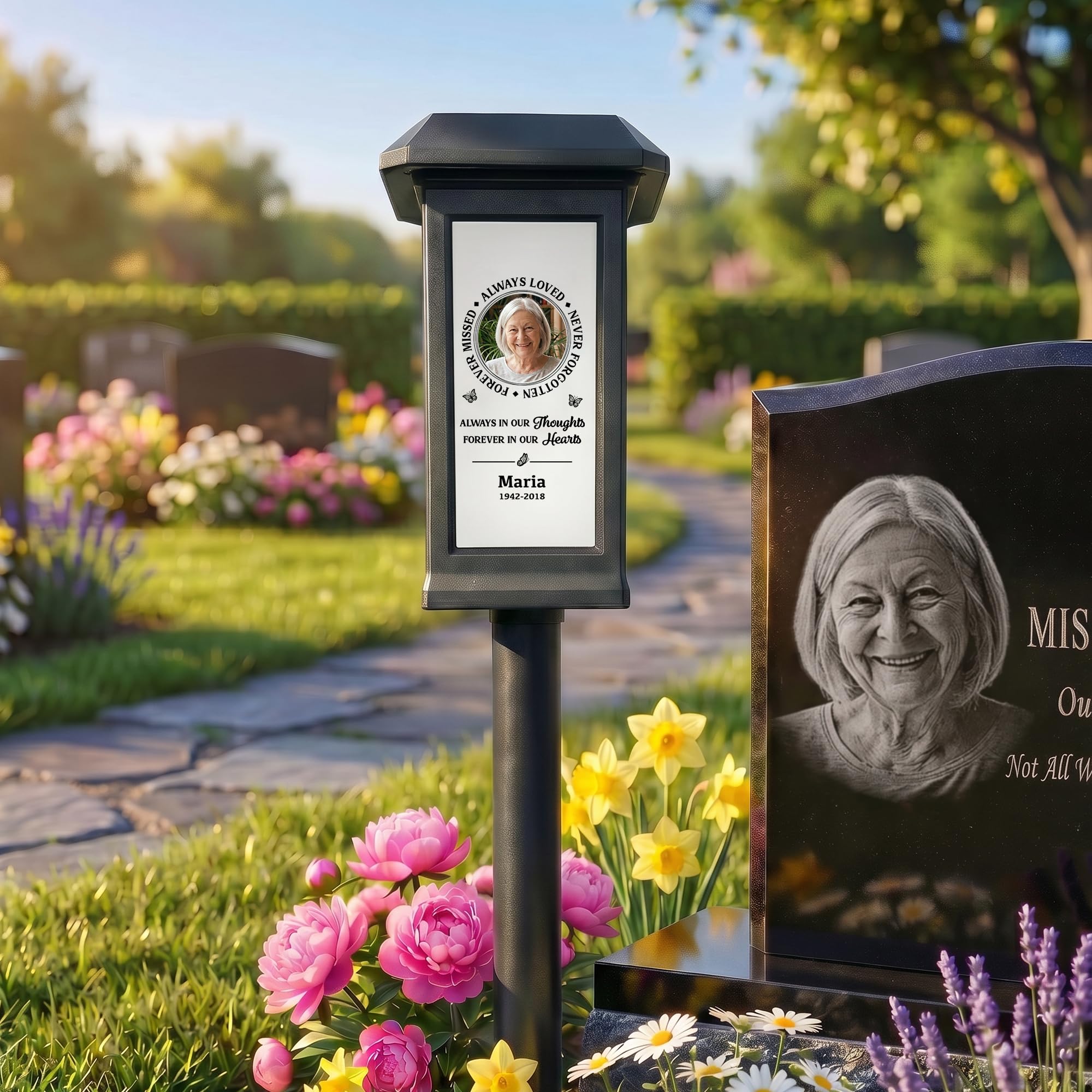 callie Lampe solaire commémorative personnalisée pour tombe – Lampe de jardin papillon étanche avec photo, nom et année – Cadeau de condoléances pour la perte d'un être cher