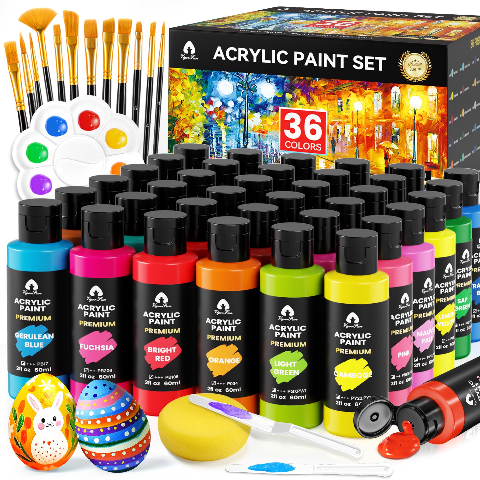 52 Pcs Acrylic Paint Set - 36 Colors (2oz/60ml) with 12 Brushes, 2 Knives & Palette - Rich Pigments for Adults, Artists & Beginners - Painting on Pumpkin Canvas Ceramic Rock Wood