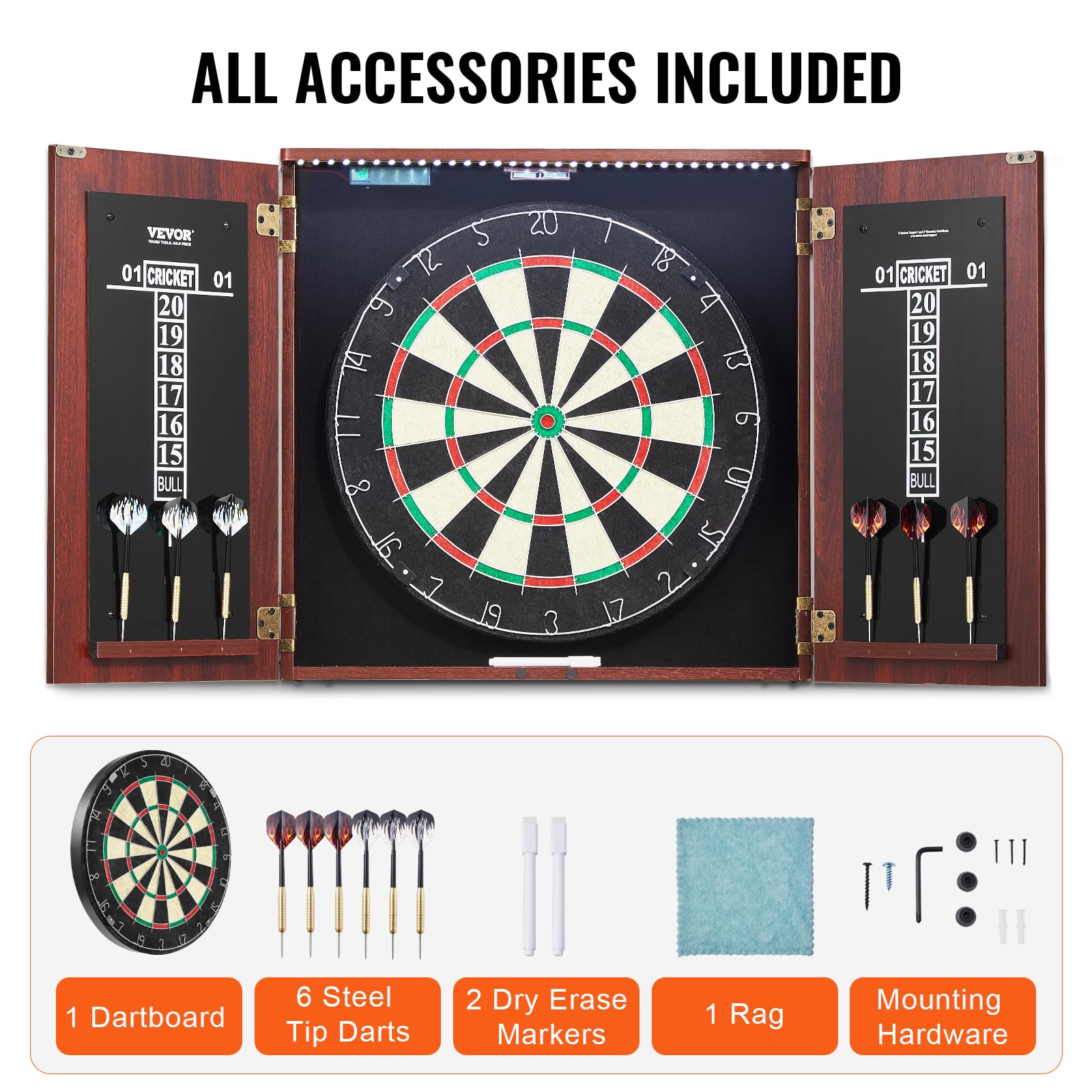VEVOR Cible de Fléchettes et Armoire Prêt à Jouer, Armoire à Fléchettes de Taille Officielle, Jeu de Fléchettes à Pointe en Acier, avec Lumière LED, Accessoires Complets, pour Jeux de Cricket