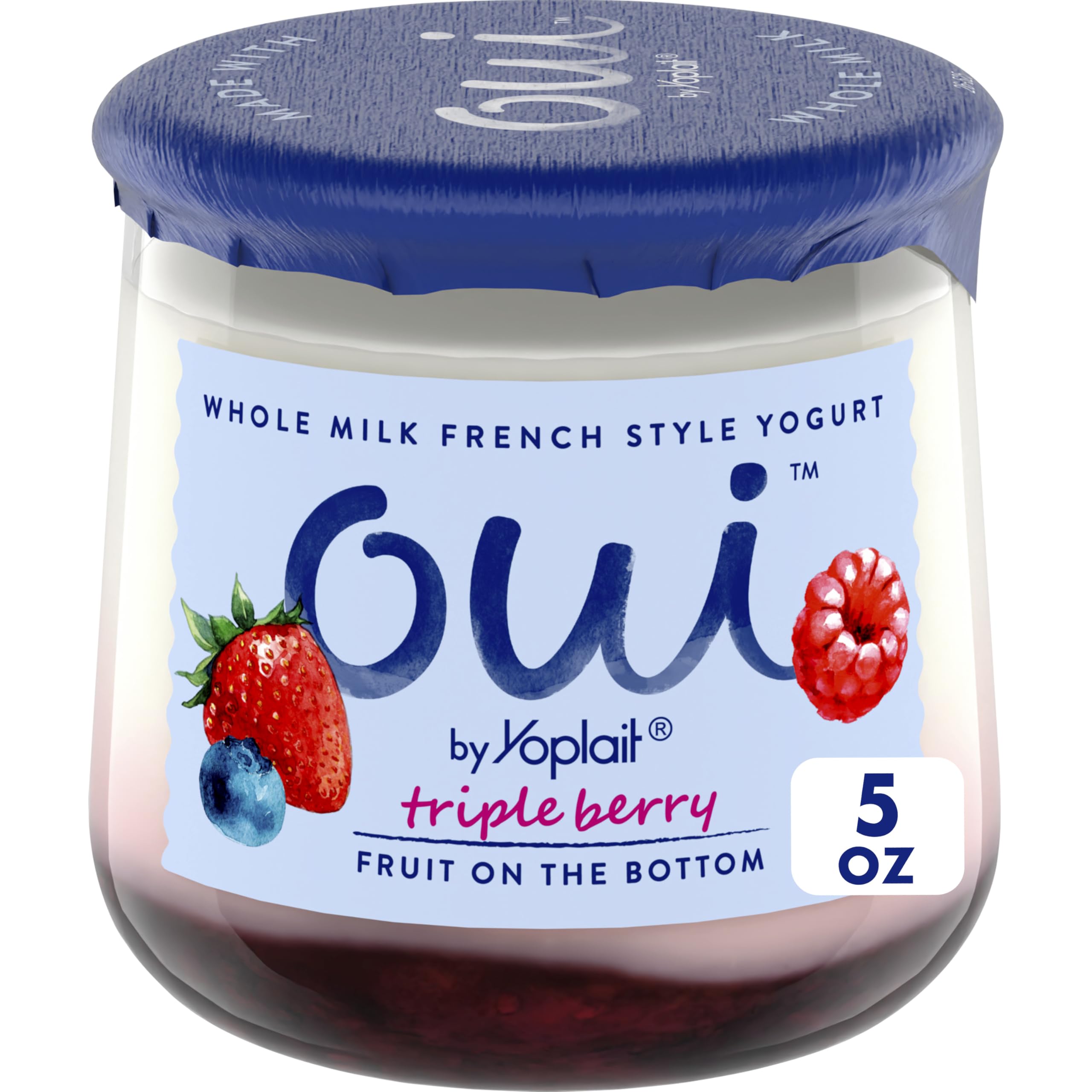 Oui by Yoplait Whole Milk French Style Yogurt, Triple Berry, Fruit on the Bottom, 5 oz Jar