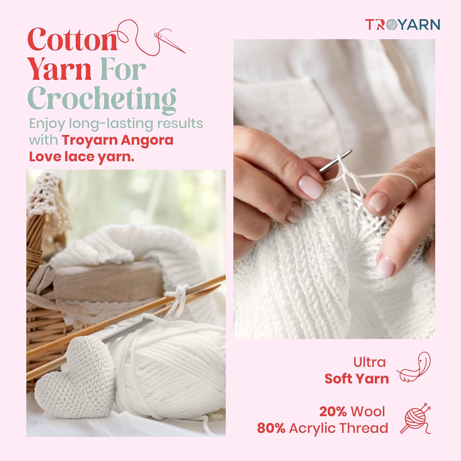 Angora Love (4-Skeins Pack) 20% Wool 80% Acrylic - Wool Yarn for Crocheting - Lace Weight #1 Fingering and Socks Yarn (4 x 3.52 oz) / (4 x 601 Yds) - Pearl