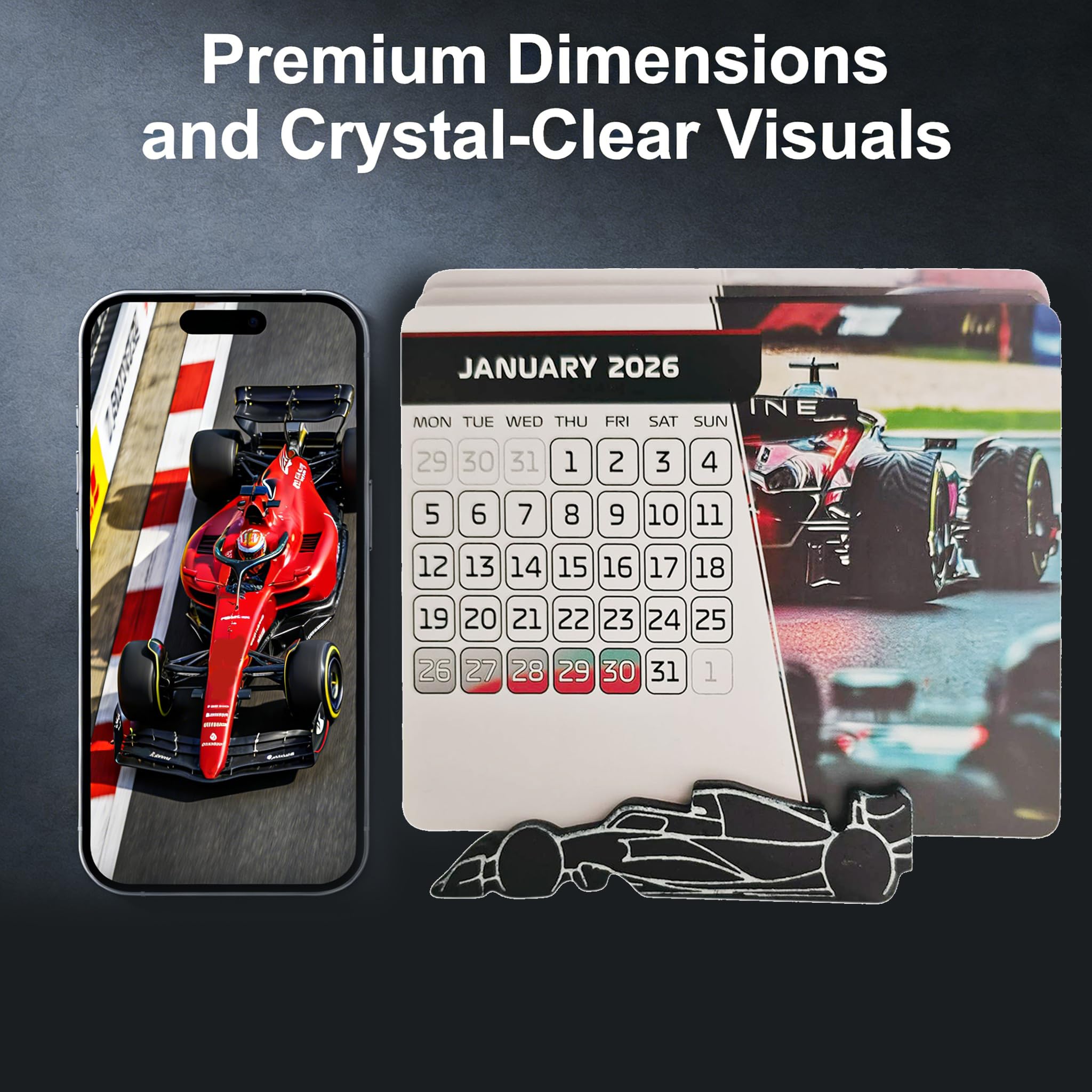 Calendrier de course F1 2026 - 18 x 14 cm - Grand calendrier de course pour le bureau avec calendrier complet - Calendrier de course 2026 avec support - Planificateur de course pour les fans de sport