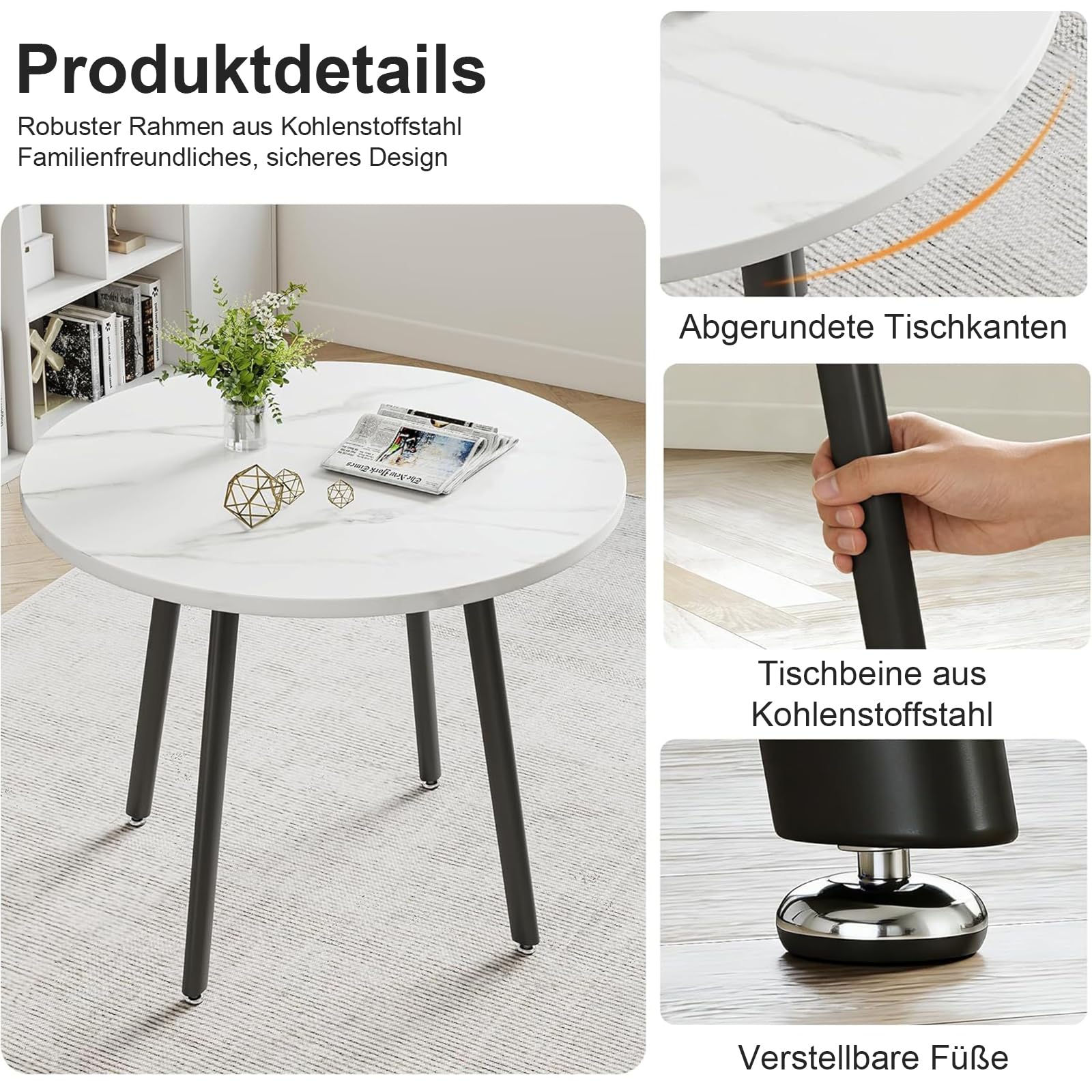 Runder Esstisch und Stühle für 4 Personen, MDF-Esstisch mit PU-Leder Gepolsterten Stühlen, Küchetisch Set Sitzgruppe für Küche für Küche, Wohnzimmer, Balkon, Restaurant, Büro (Rund Schwarz-Weiß)