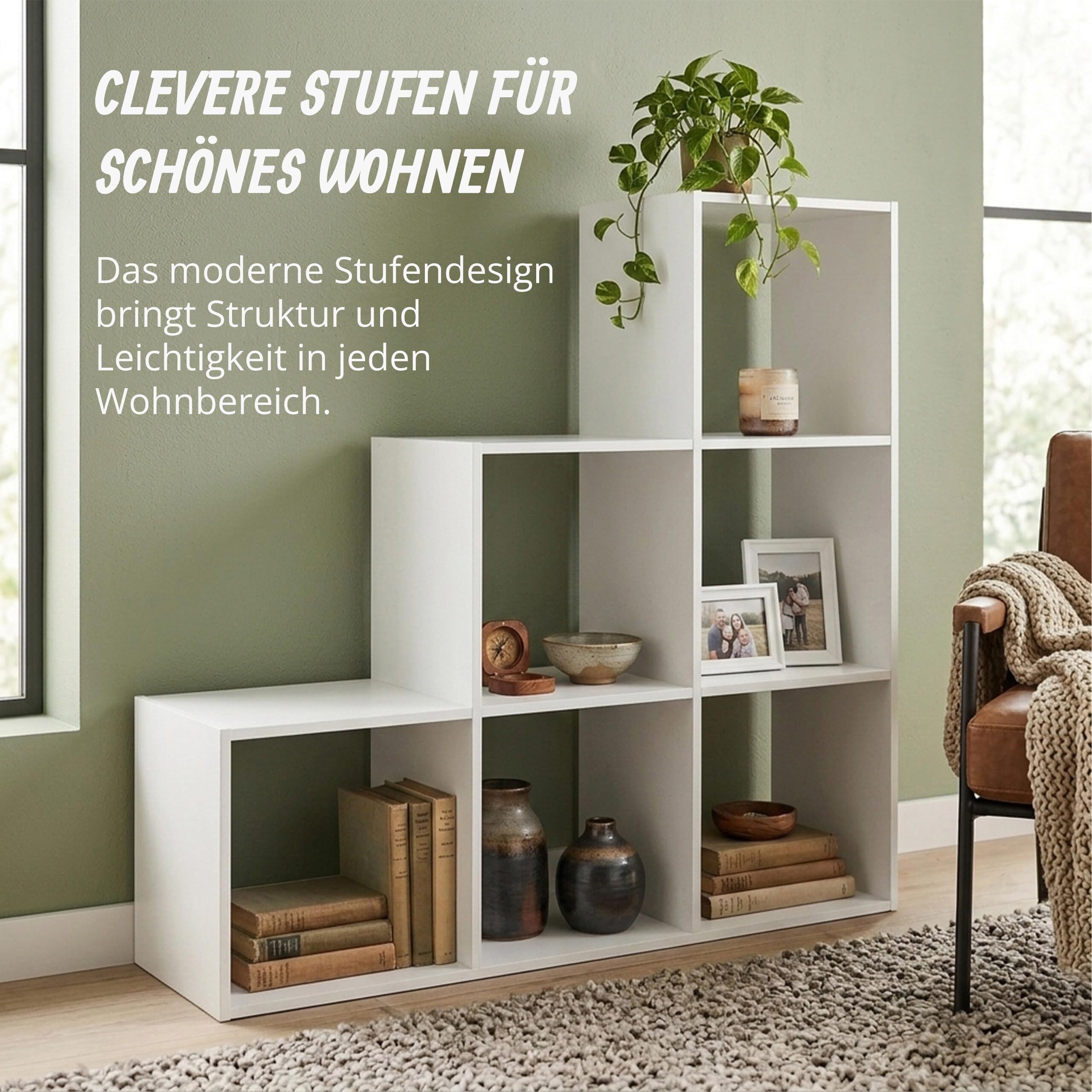Relaxdays Stufenregal, 6 Fächer, HxBxT: 97,5 x 97,5 x 29 cm, Regal Dachschräge, Bücherregal Wohnzimmer, Raumteiler, weiß