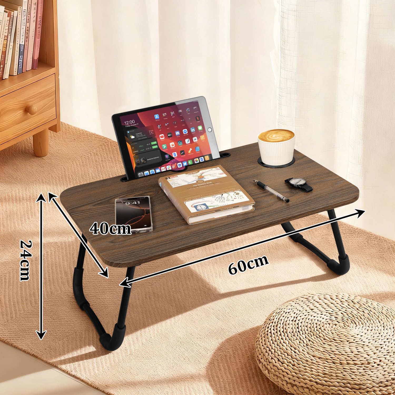 Escritorio plegable de madera portátil con soporte para tazas y ranura para tableta, escritorio plegable para laptop, sofá, escritorio de suelo para leer, escribir, comer, ver películas, marrón